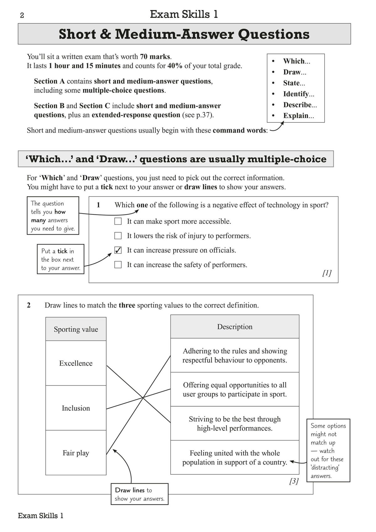 Sample page showing short and medium-answer question formats with command words and multiple-choice guidance
