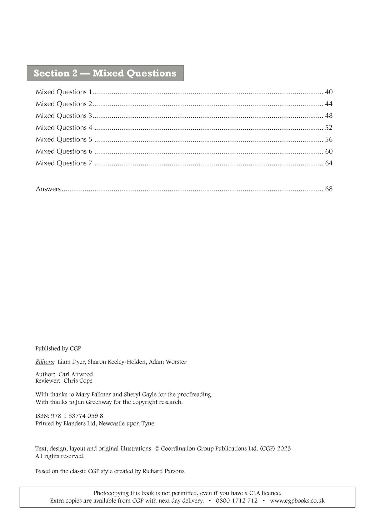 Contents page listing mixed-question practice sets and answers section