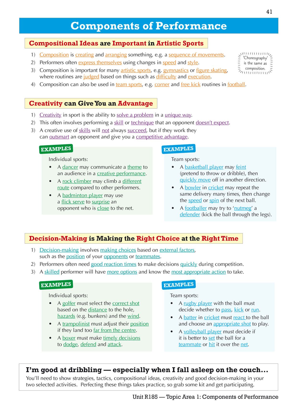 Page showing Components of Performance with colour-coded sections and examples