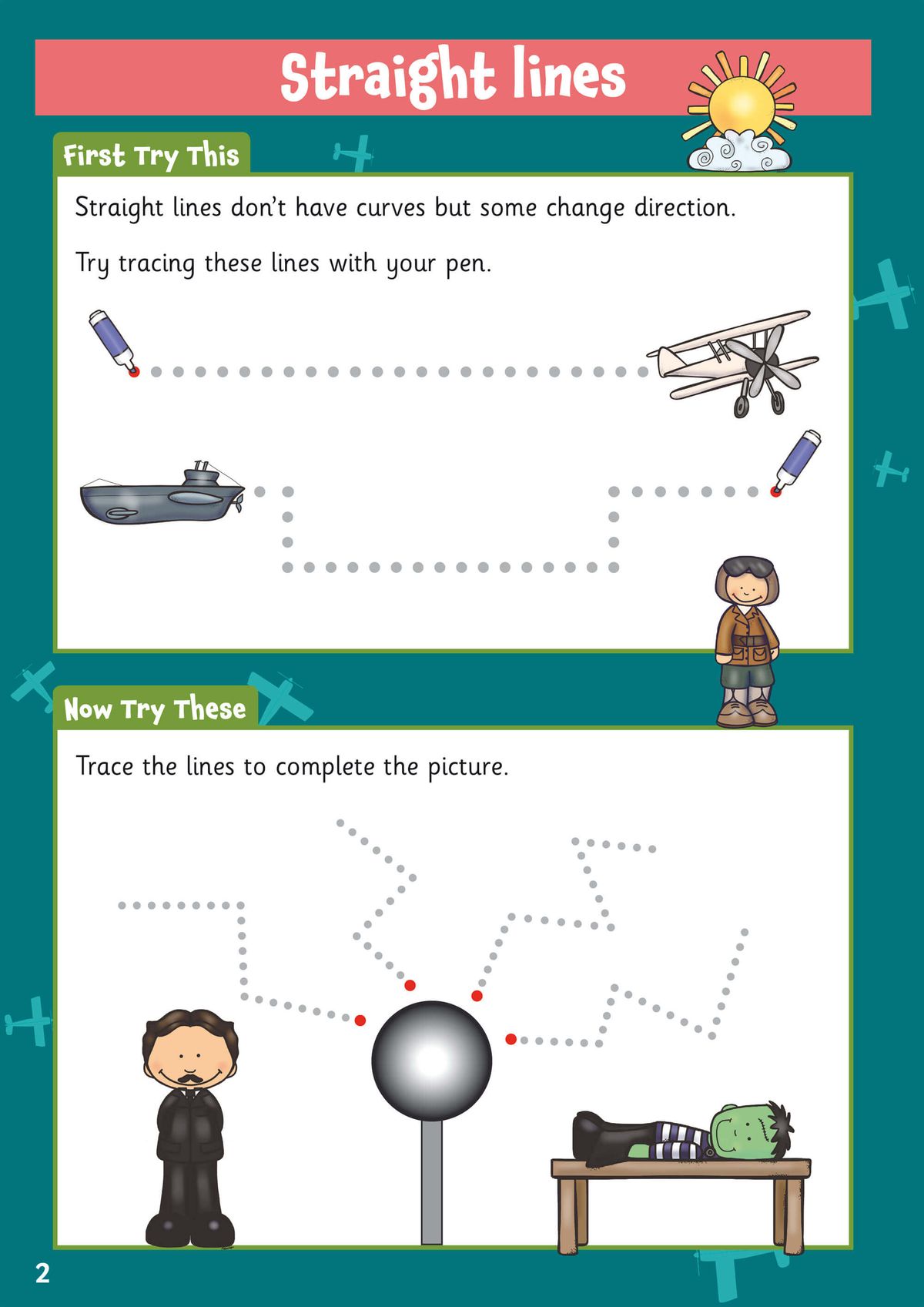 Pen control exercises showing straight line tracing activities and dot-to-dot practice