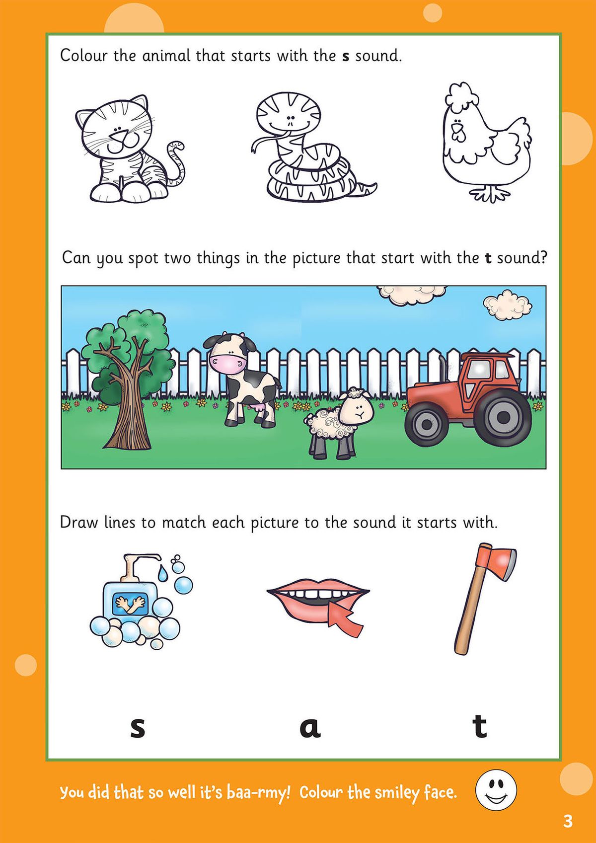 Sample phonics activity with colouring and spotting tasks for s, a and t sounds