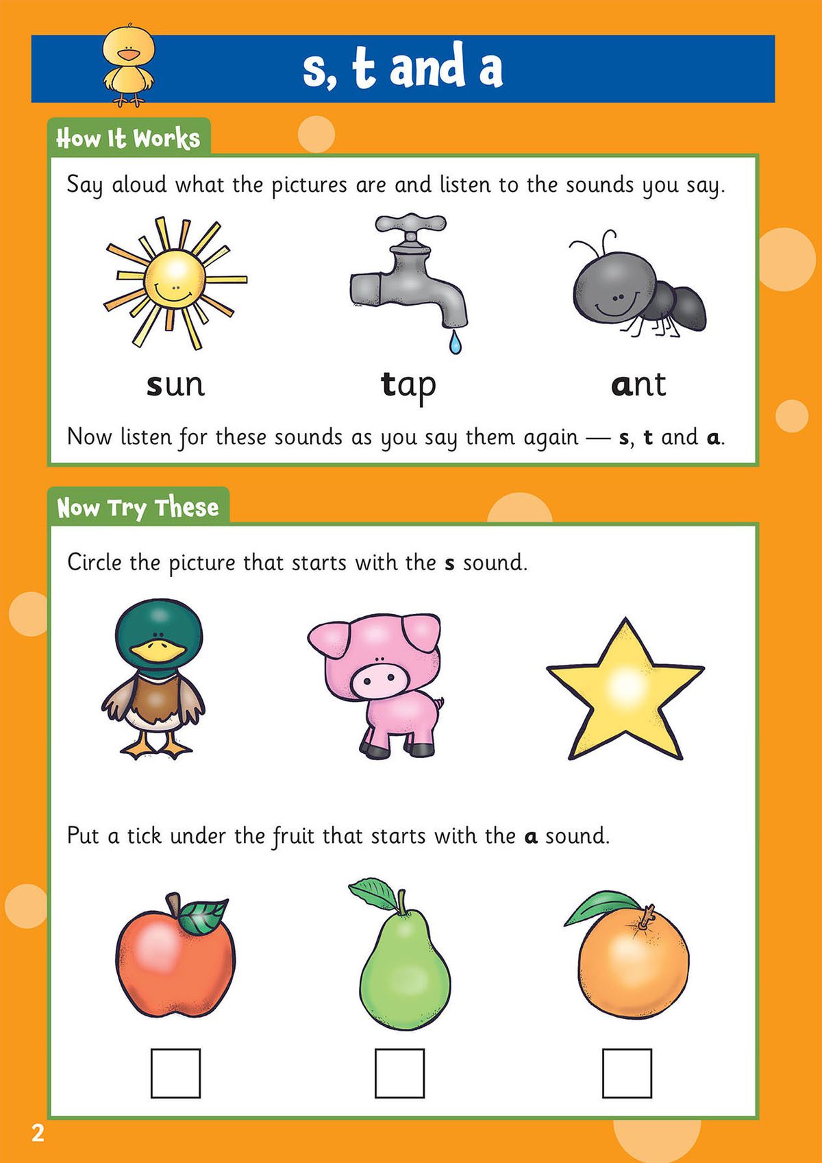 Phonics activity page showing how-it-works examples and practice tasks for initial letter sounds