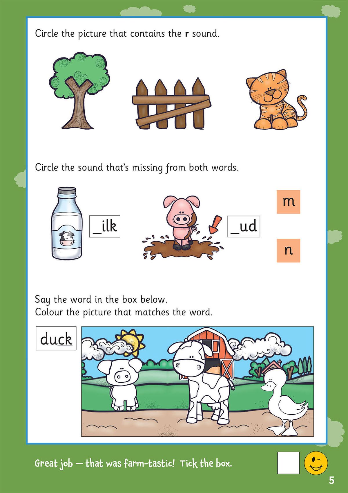 Sample phonics activity page showing letter sound identification exercises