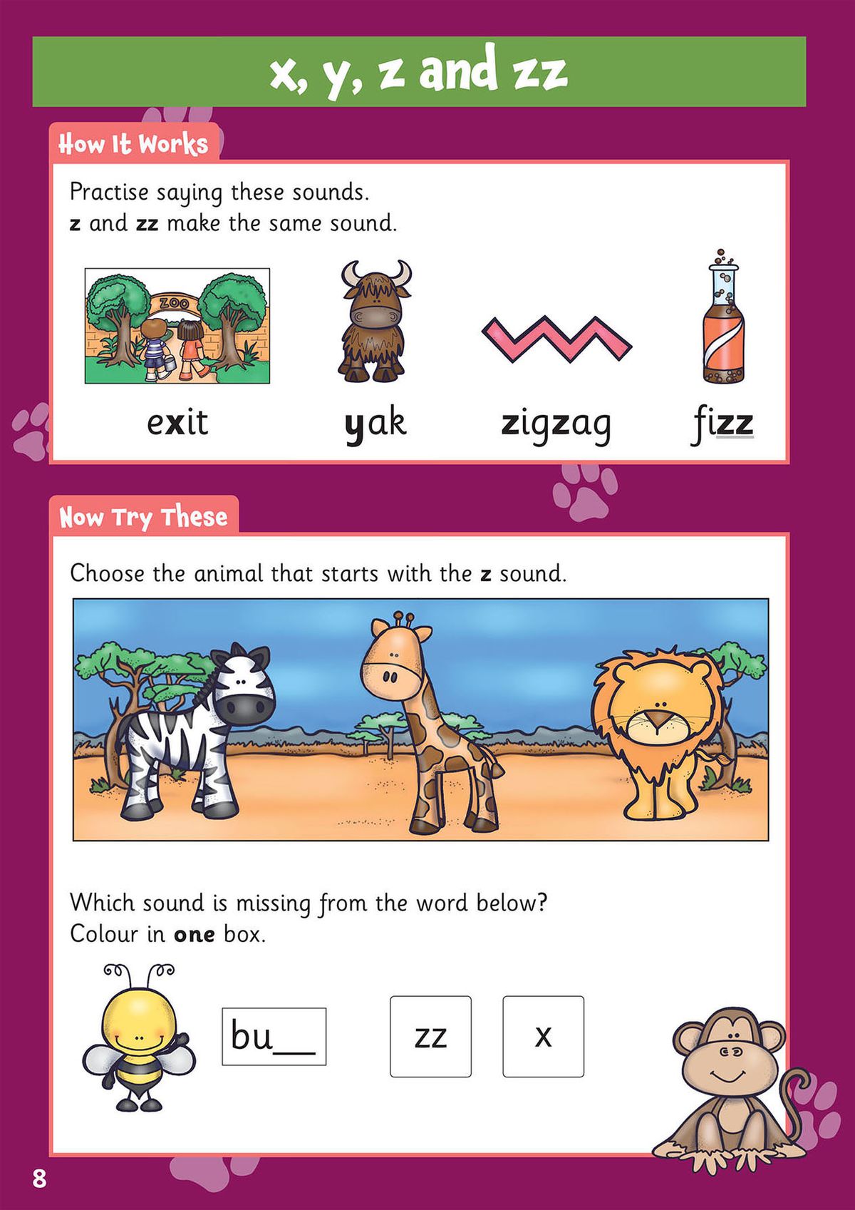 Phonics practice page featuring letter sounds x, y, z and zz with illustrated examples
