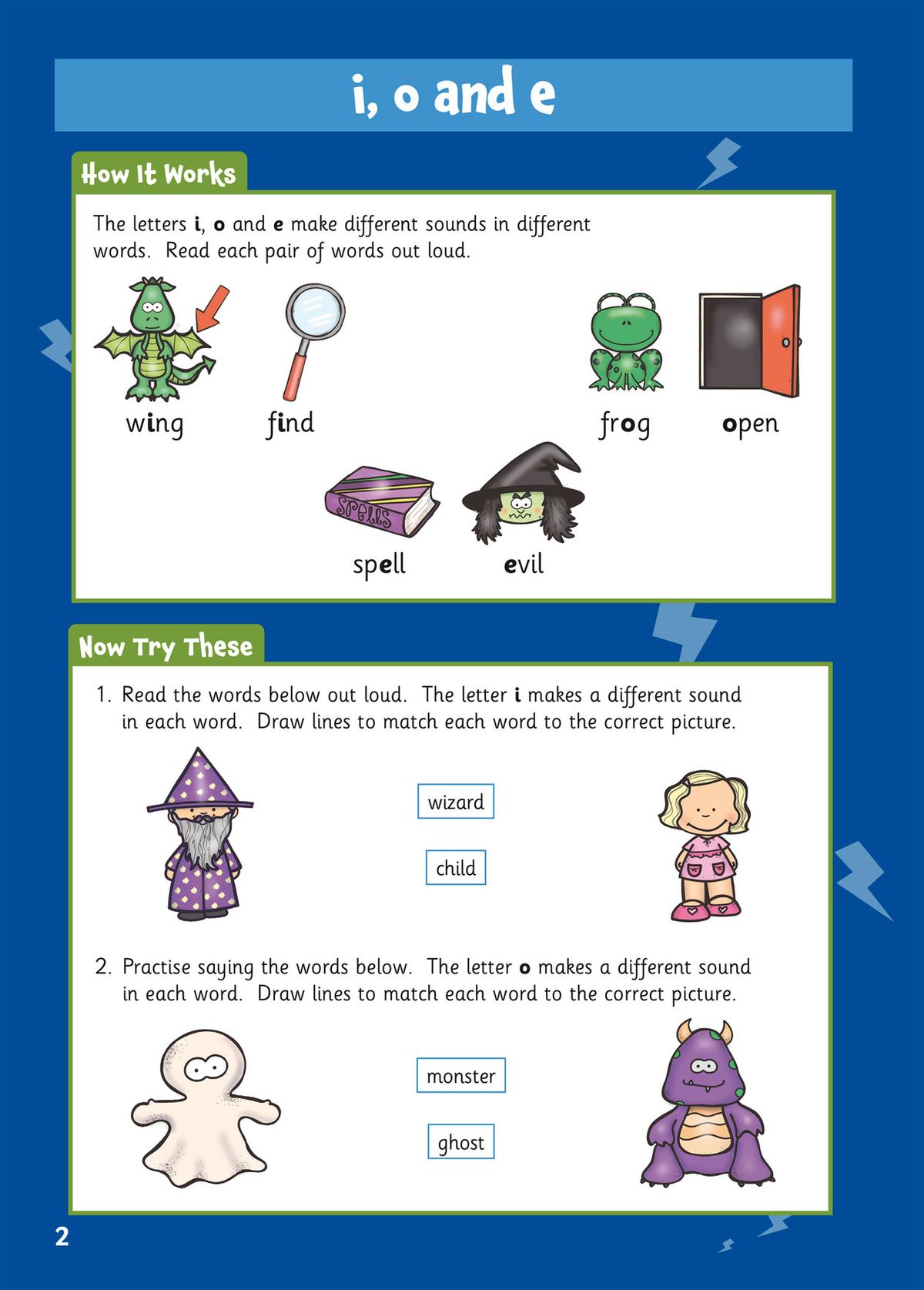 Page showing 'i, o and e' phonics activities with illustrated examples
