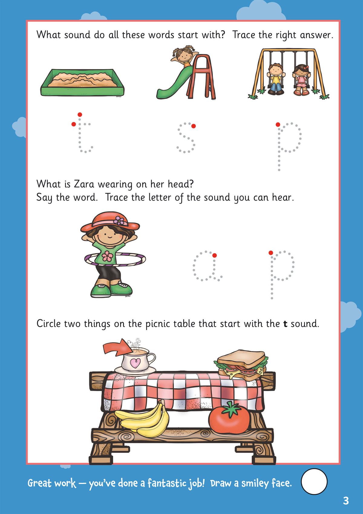 Activity page featuring playground equipment and letter sound exercises