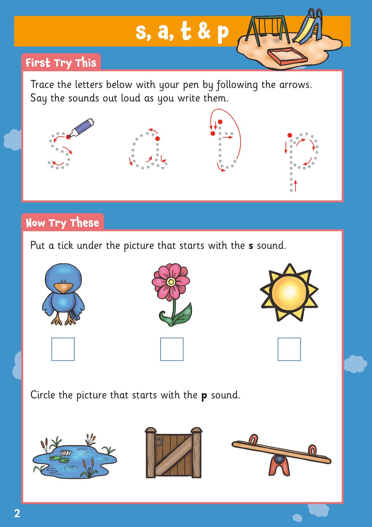 Inside page showing letter tracing and phonics identification activities