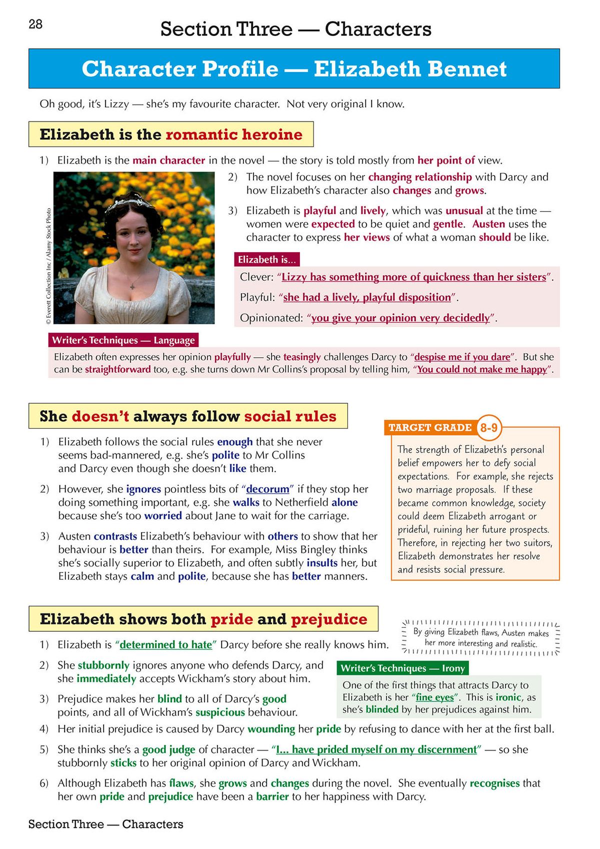 Character profile page showing detailed analysis of Elizabeth Bennet with highlighted key quotes and writer's techniques
