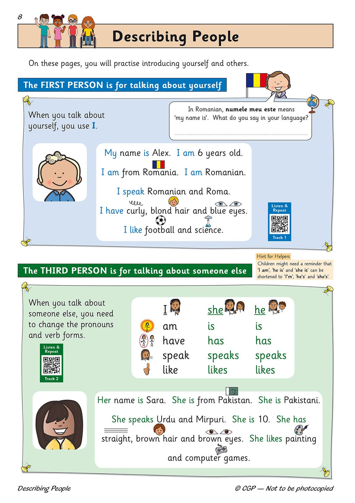 Sample page showing first and third person grammar explanations with colourful illustrations