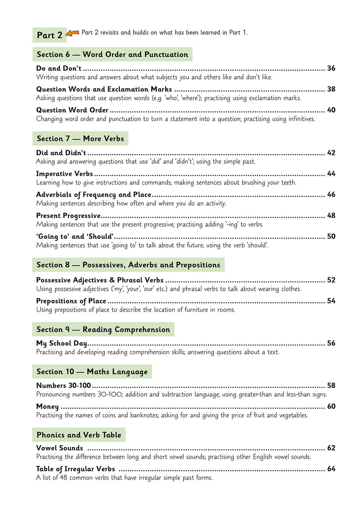 Contents page showing structured sections covering word order, verbs, reading comprehension, and phonics