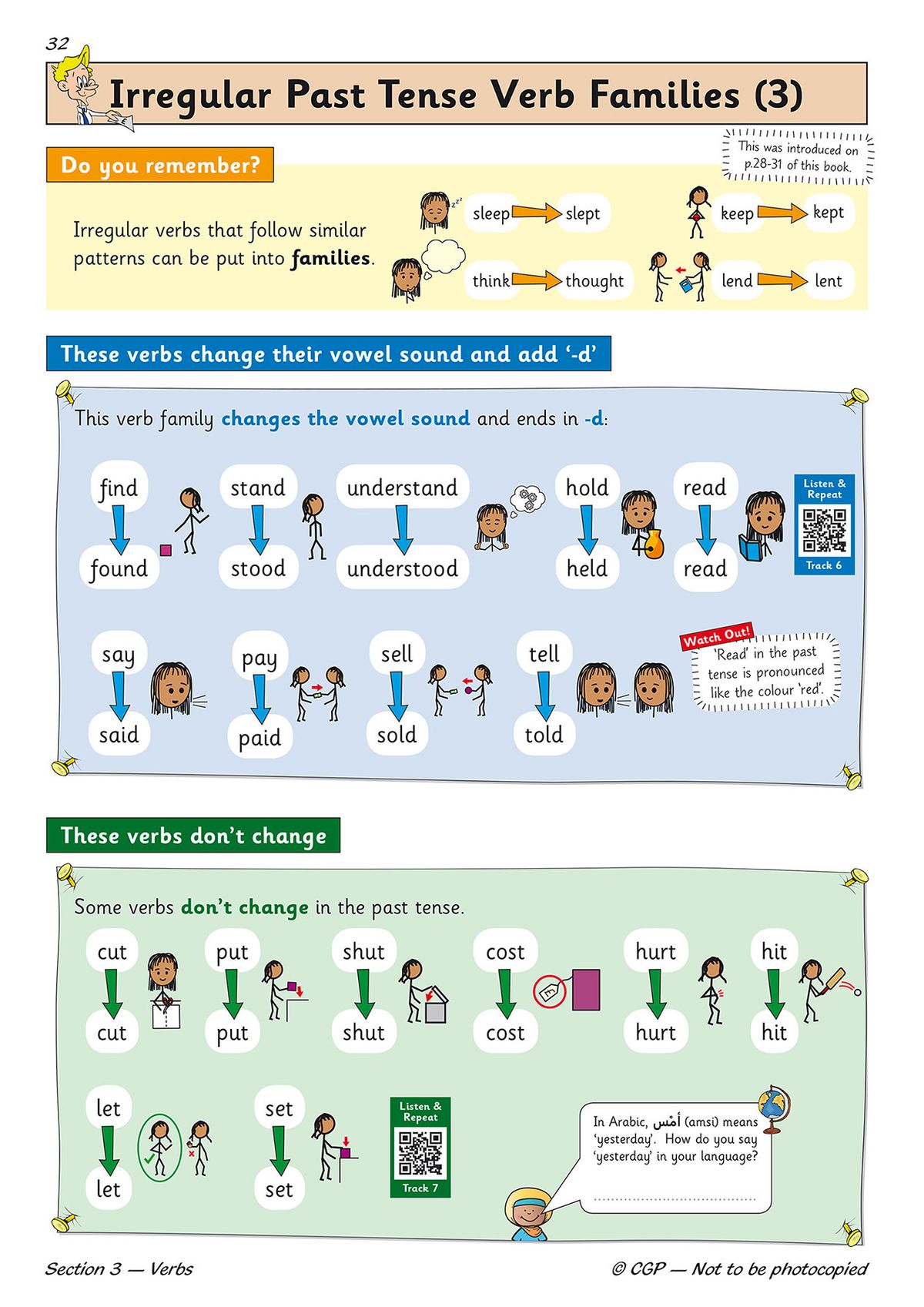 Irregular past tense verb families page with colourful diagrams, QR code, and clear verb transformations