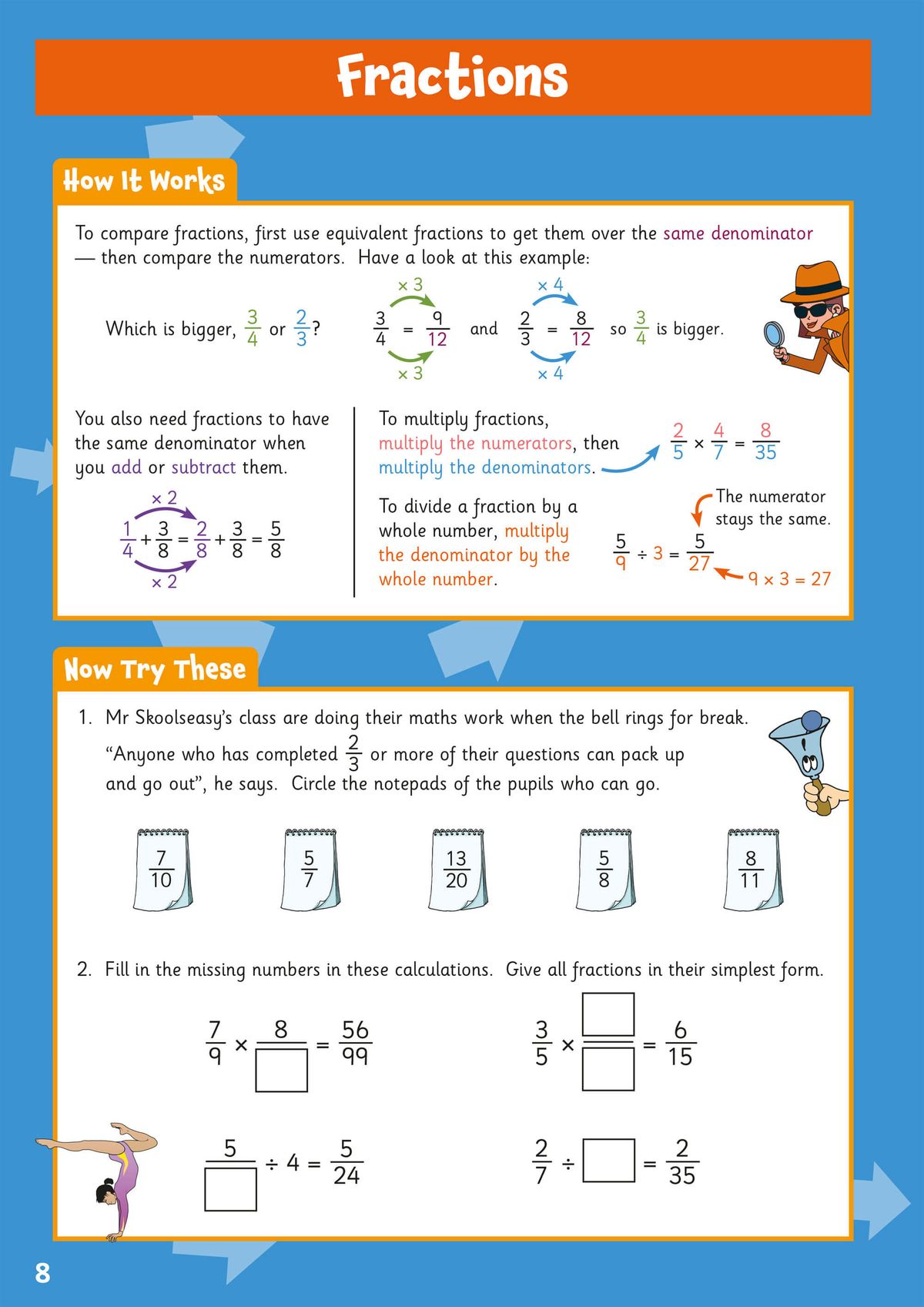 Sample page on fractions showing how to compare, add, subtract, multiply and divide fractions with worked examples and practice problems