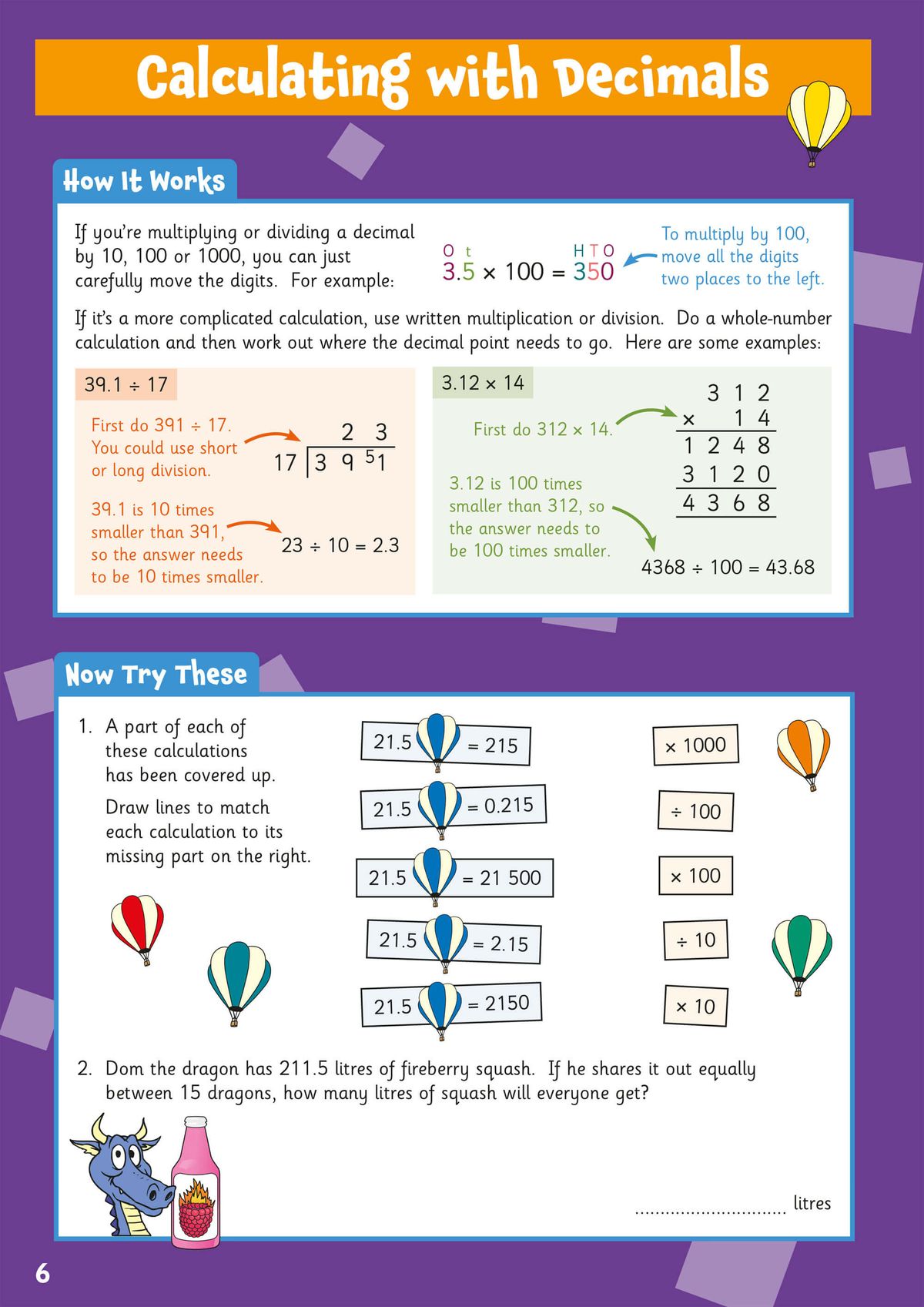 Sample page showing calculating with decimals, including worked examples and practice questions with colourful hot-air balloon illustrations