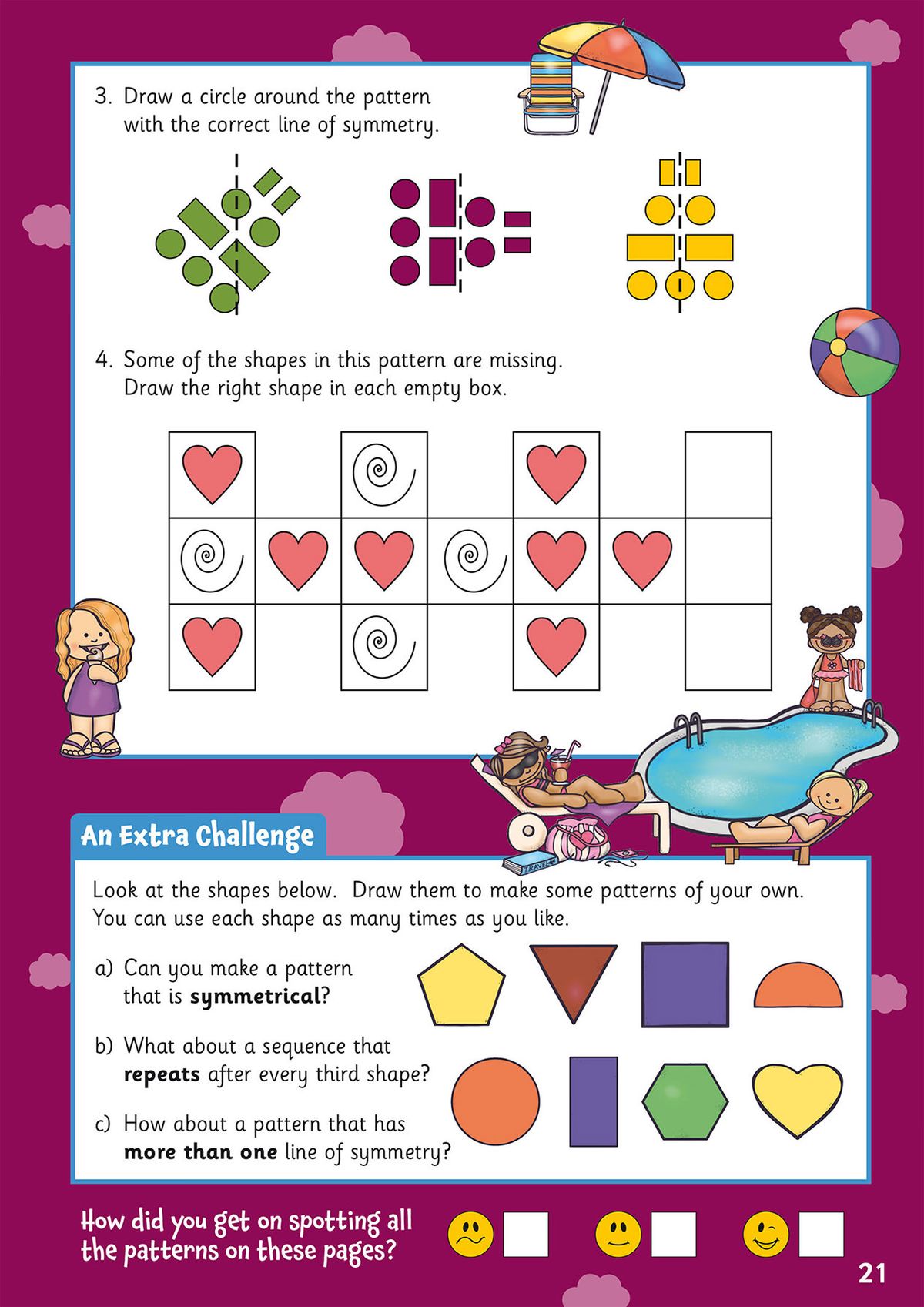 Sample page showing colourful problem-solving questions with patterns, shapes and extra challenge tasks