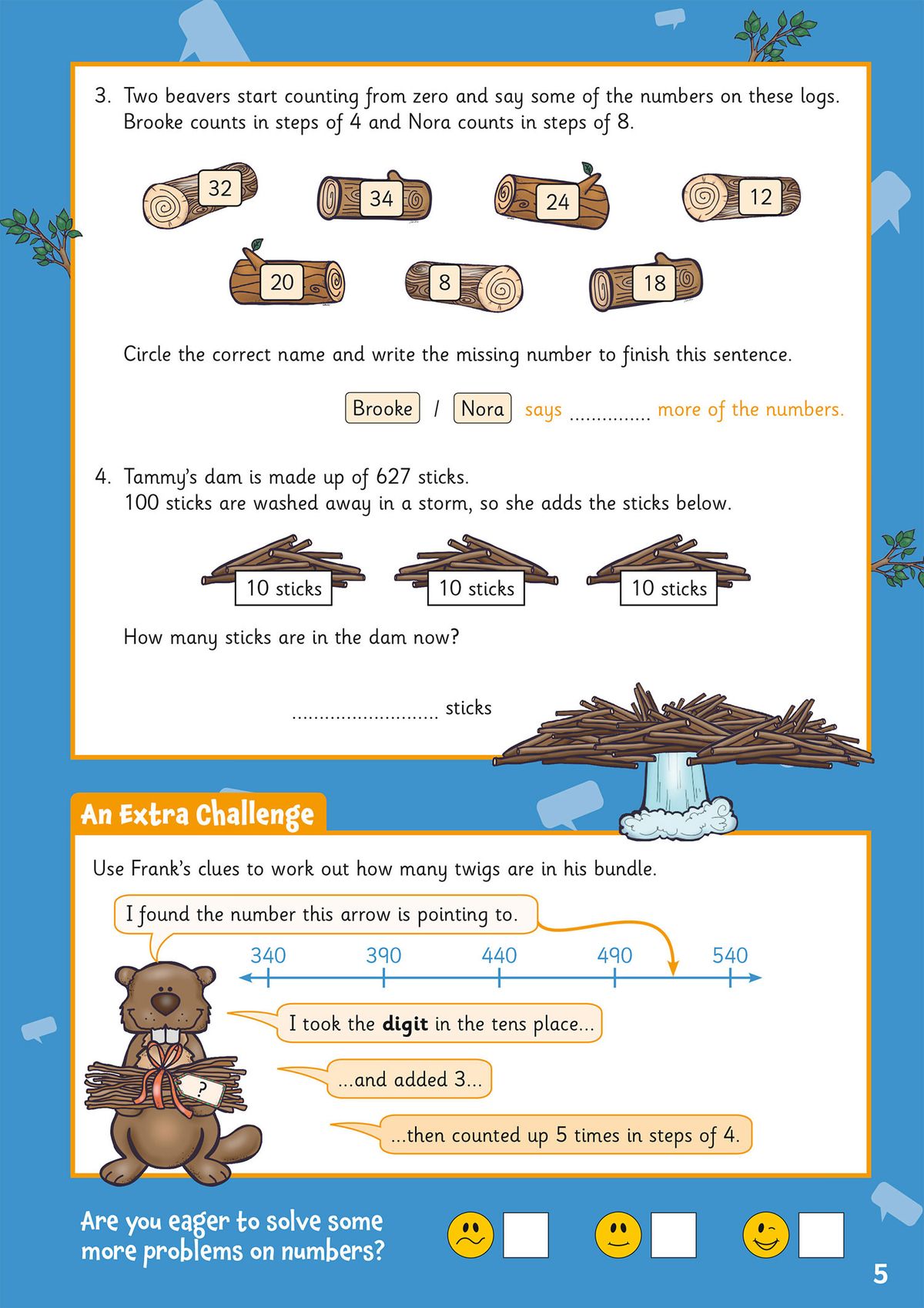 Sample activity page featuring counting problems with beavers and logs, plus an extra challenge section