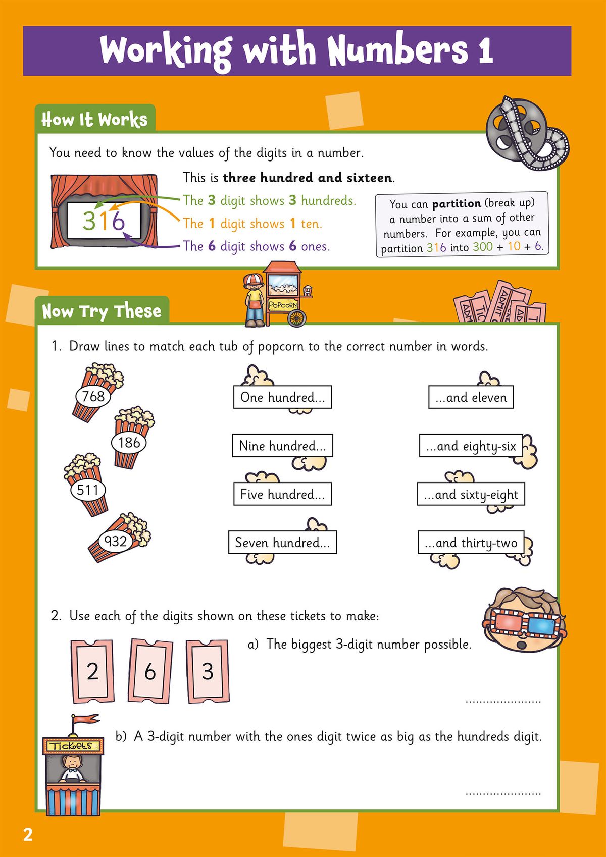 Inside pages showing step-by-step worked examples and practice activities for working with numbers