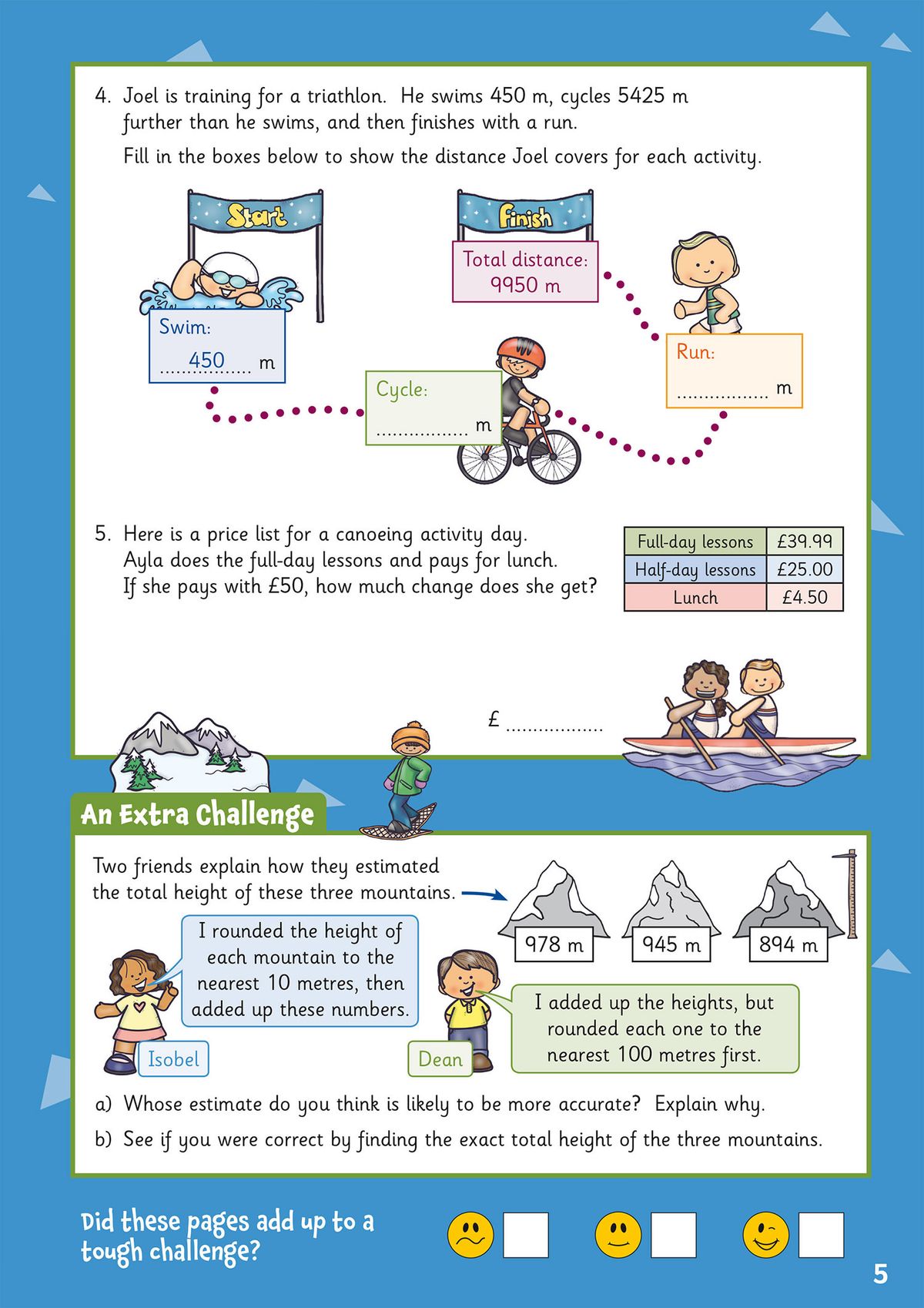 Sample page showing triathlon distance problem, price-list word problem, and mountain-height estimation challenge