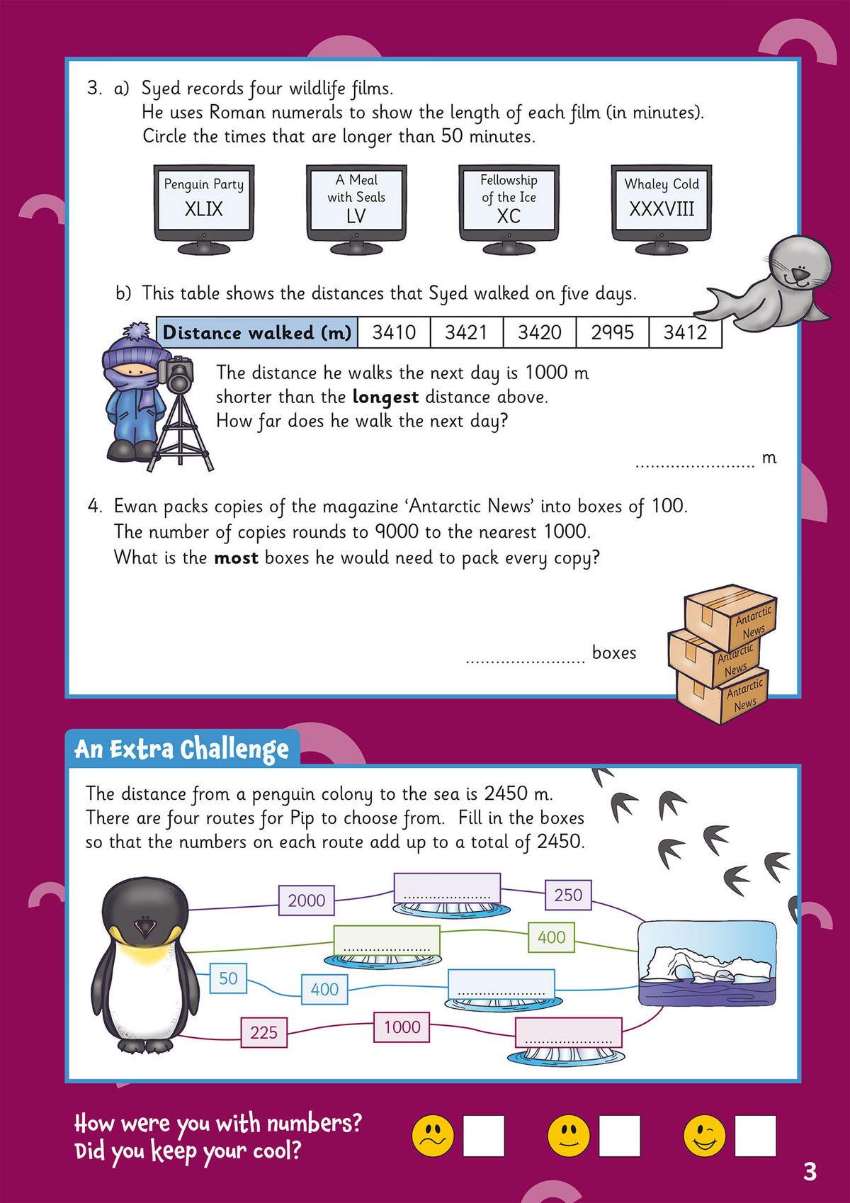 Sample page showing multi-step word problems with Roman numerals, distance tables, and penguin-themed illustrations