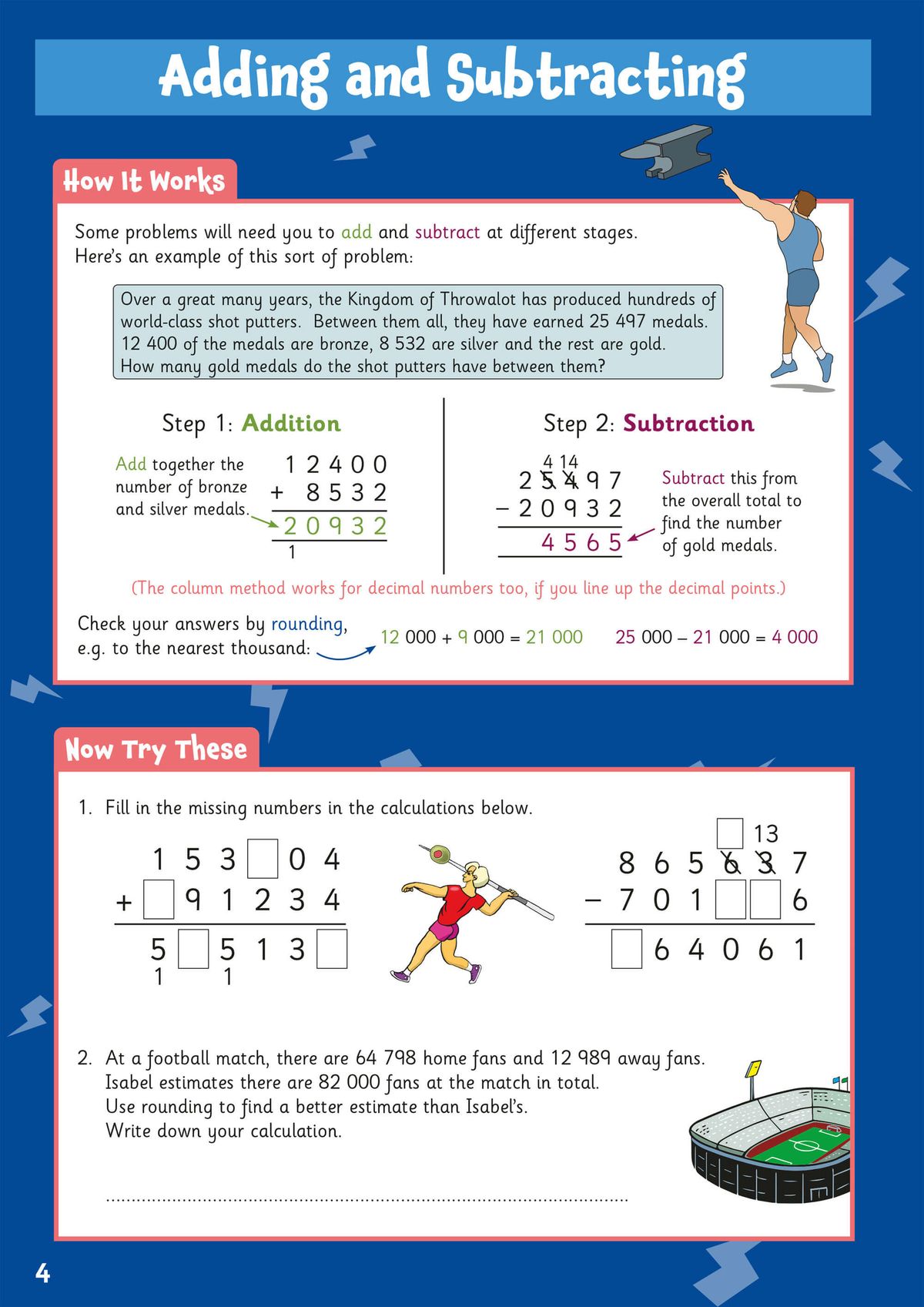 Adding and subtracting teaching page with worked examples and practice questions