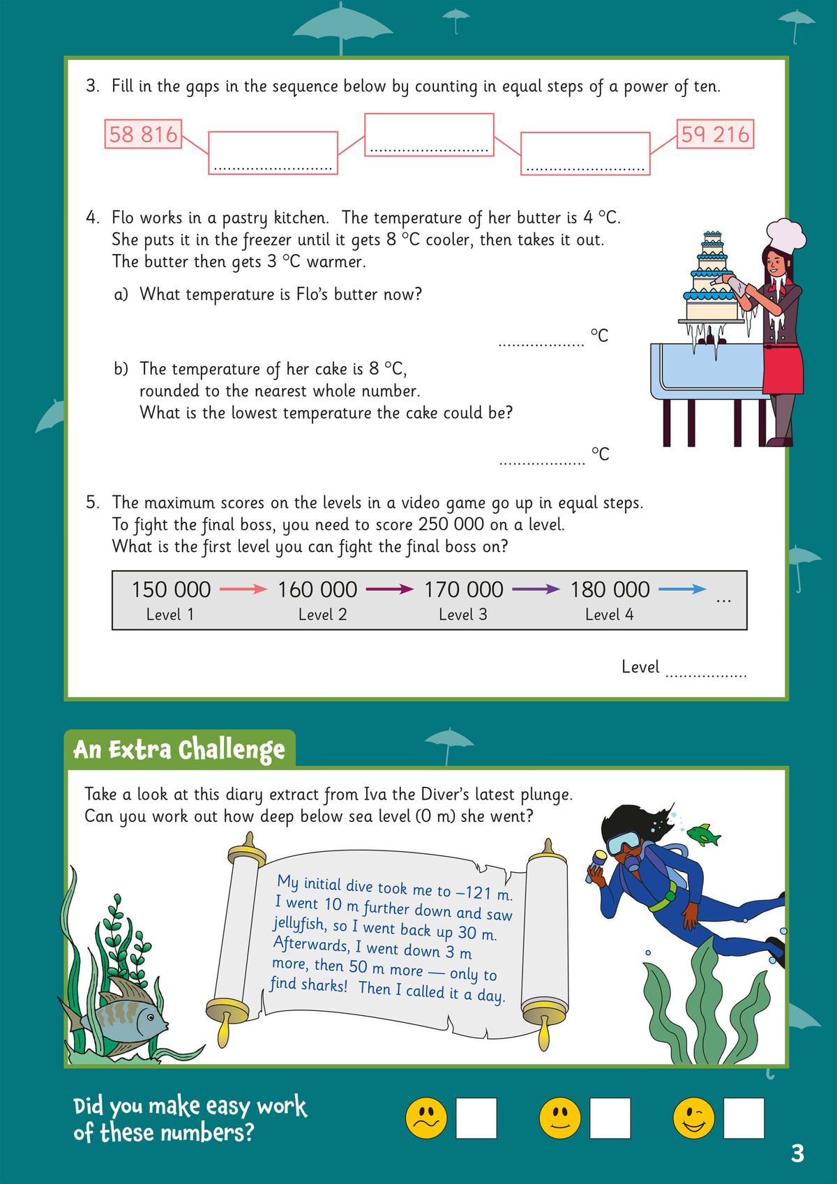 Sample page showing multi-step problem solving questions including sequences, temperature calculations, and video game level challenges