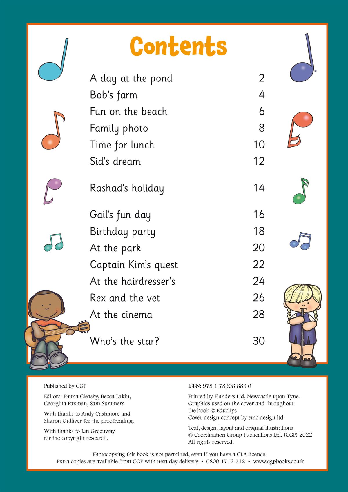 Contents page showing colourful story titles and musical note decorations