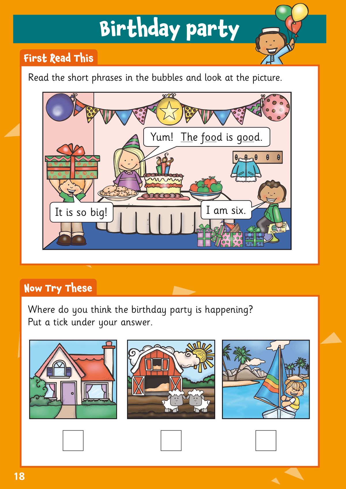 Sample activity page showing a birthday party scene with comprehension questions