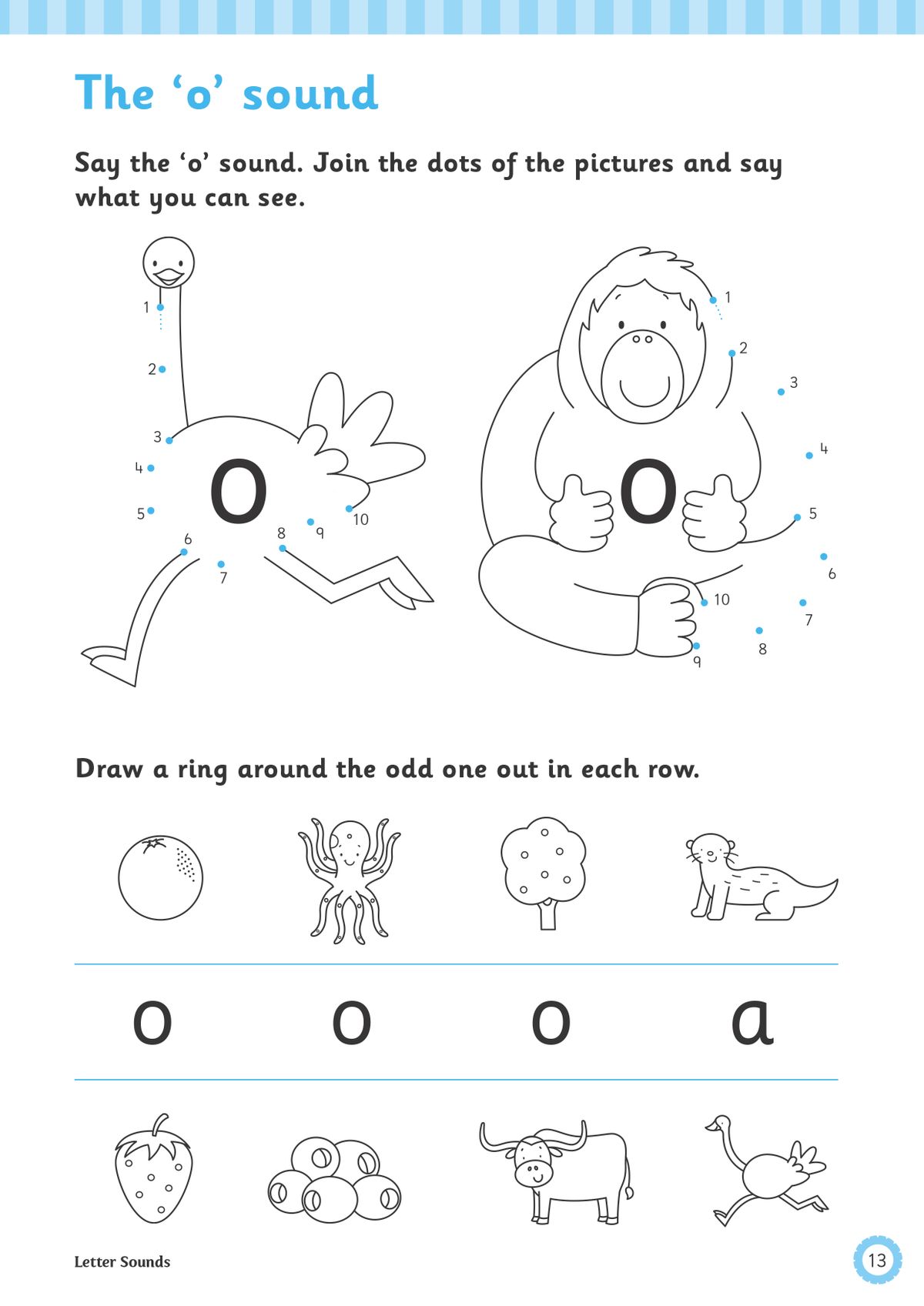 Activity page showing the 'o' sound with dot-to-dot pictures and odd-one-out exercises