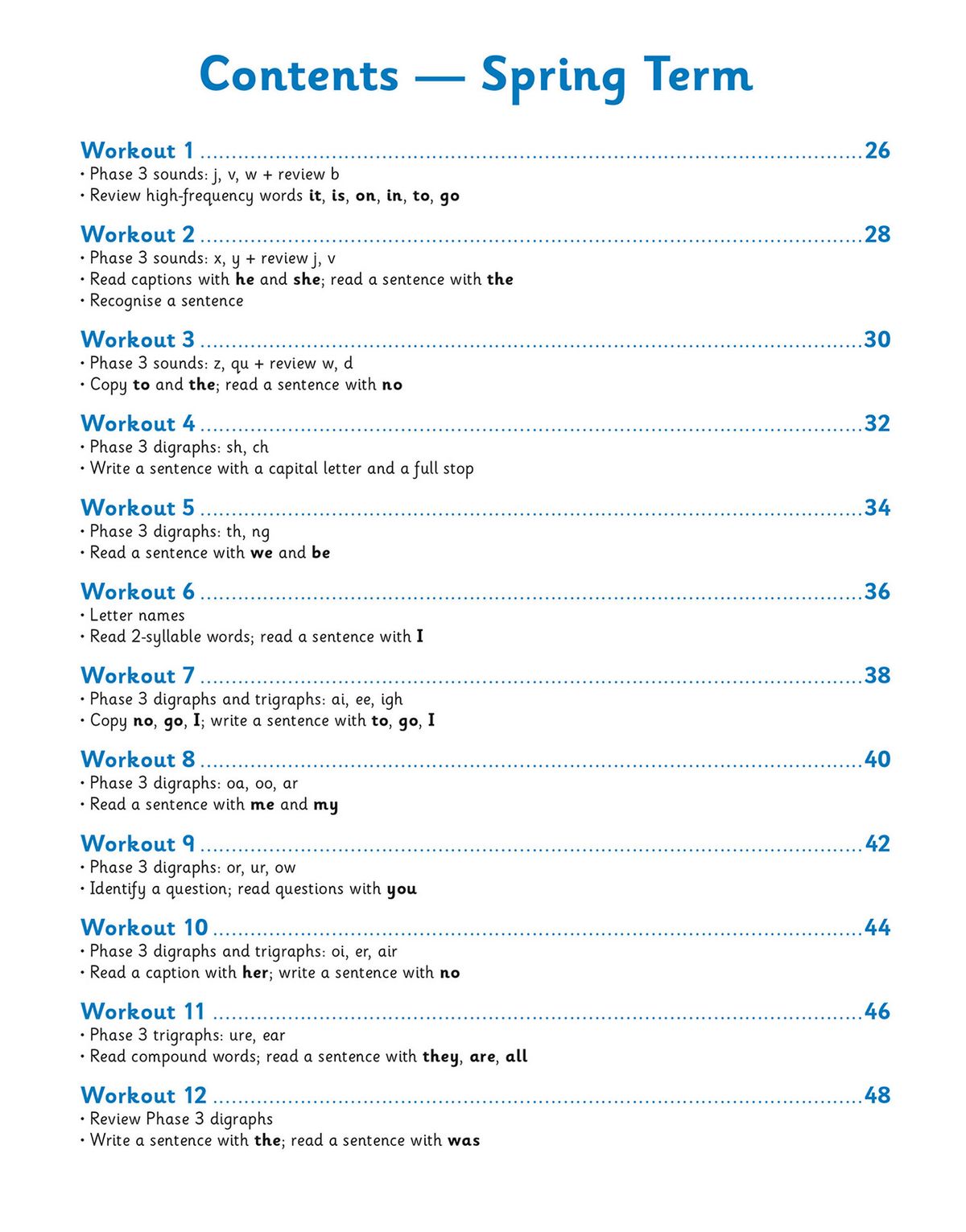 Contents page showing Spring Term weekly workouts with phonics objectives