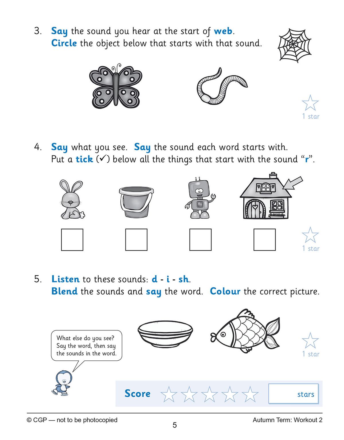 Sample workout page with sound identification and blending activities
