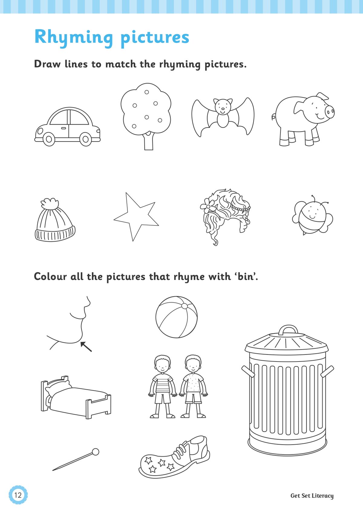 Sample page from Reception English Reading and Rhymes Workbook showing rhyming pictures activity