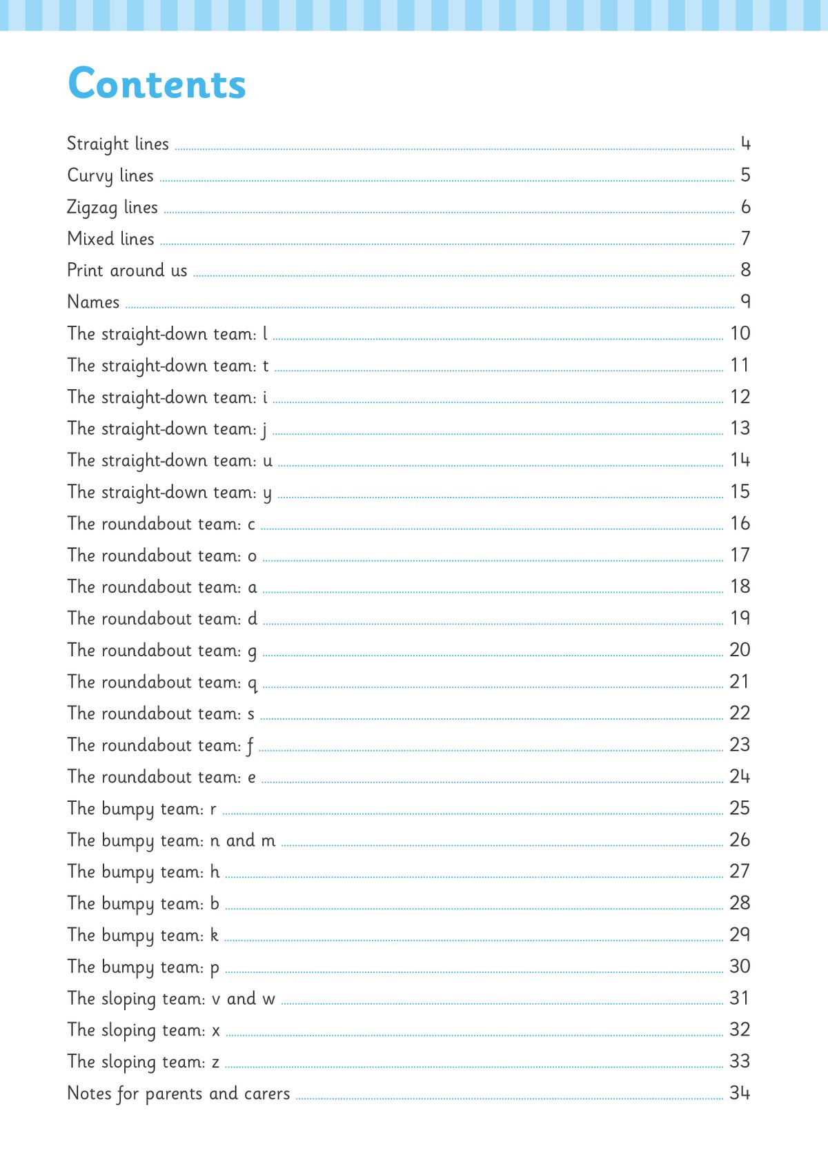 Contents page from Reception English Writing Letters Workbook listing letter formation groups