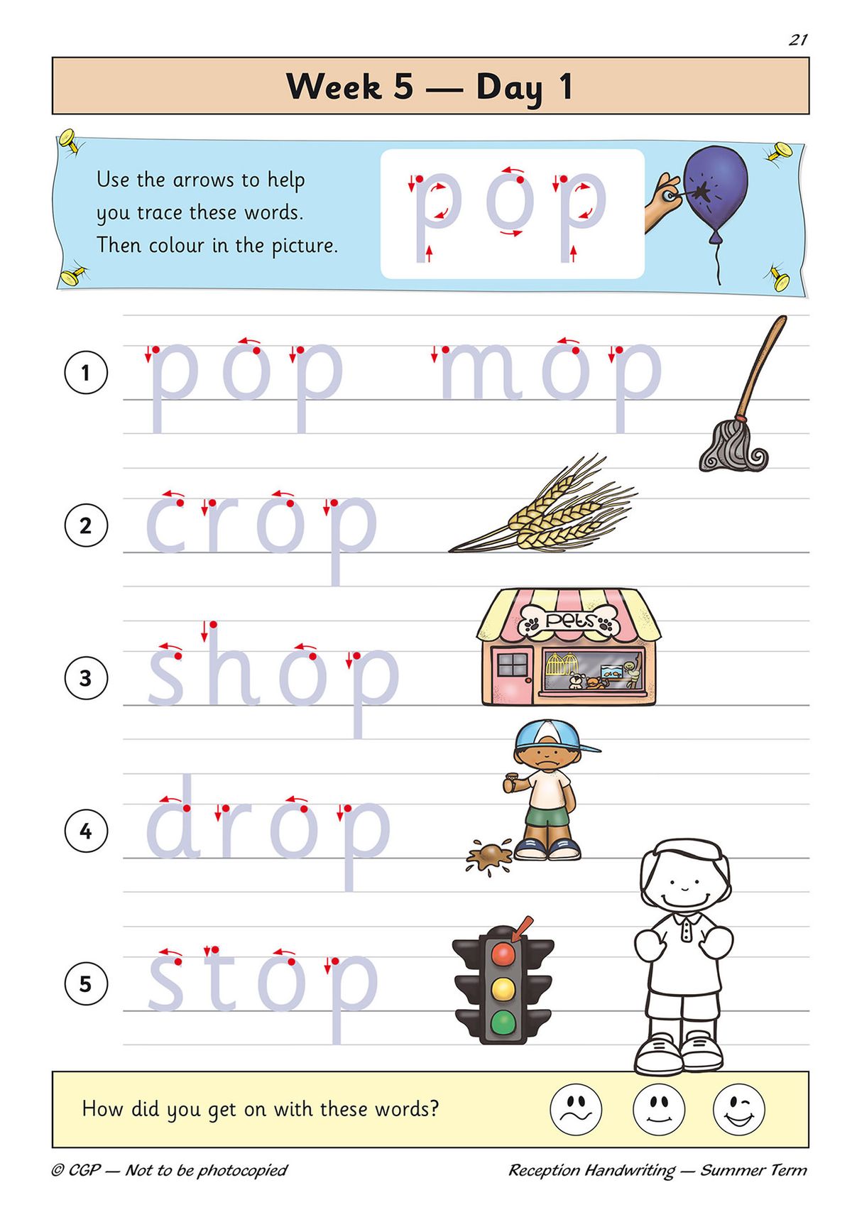 Week 5 Day 1 practice page showing tracing activities for words like pop, mop, crop, shop, drop and stop with colourful illustrations