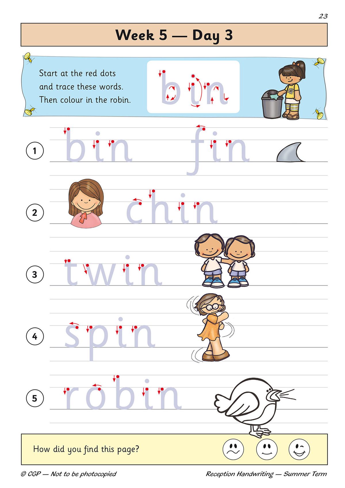 Week 5 Day 3 practice page showing tracing activities for words including bin, fin, chin, twin, spin and robin with fun illustrations