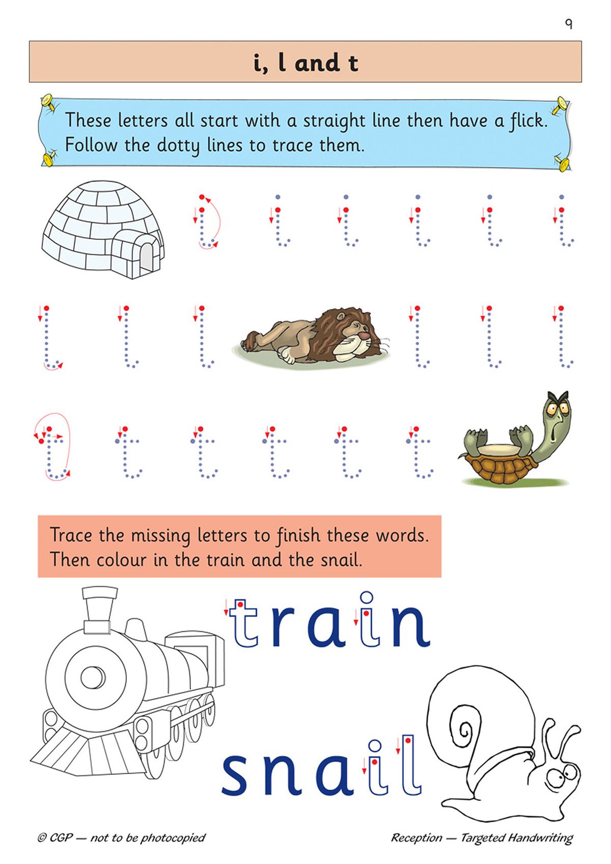 Sample page showing dotted letter tracing exercises for i, l and t with colourful illustrations