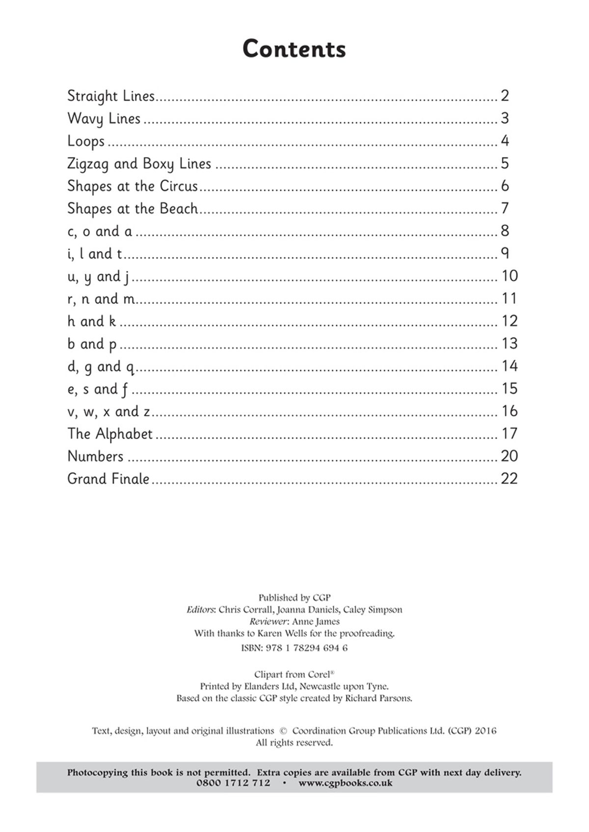 Contents page showing the progression from straight lines through to the full alphabet and numbers