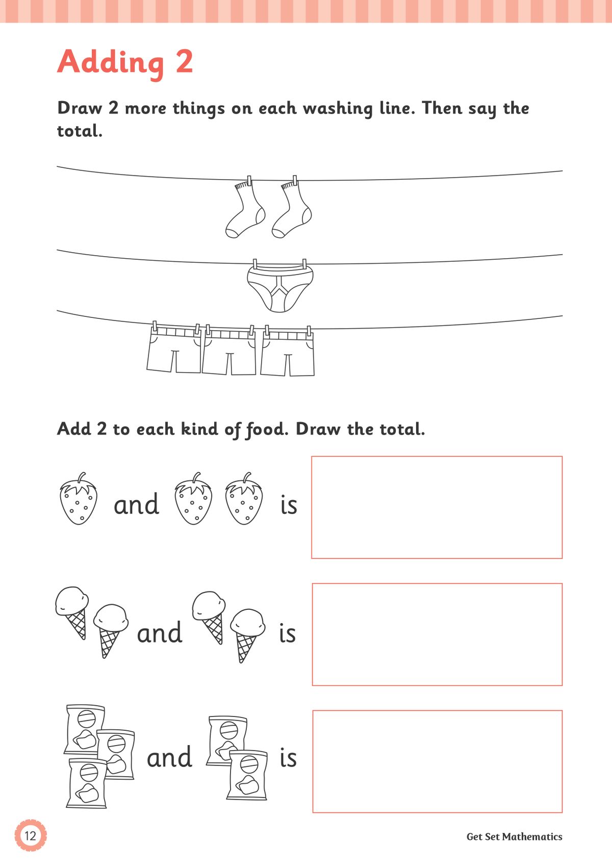 Reception Maths Adding & Subtracting Workbook sample page showing Adding 2 activities with washing line and food illustrations