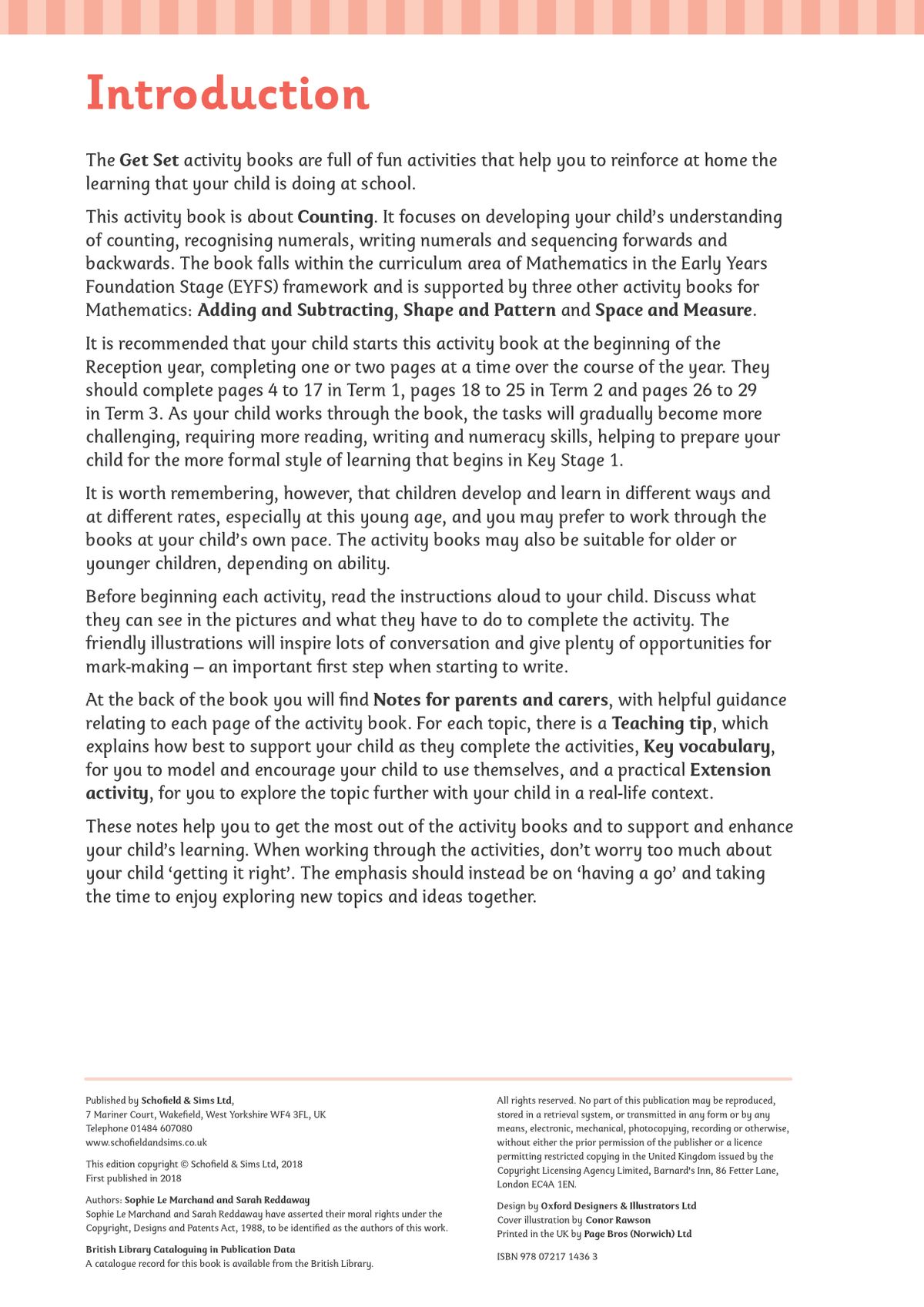 Reception Maths Counting Workbook contents page showing topics including big and small, position, distance, length, weight and time