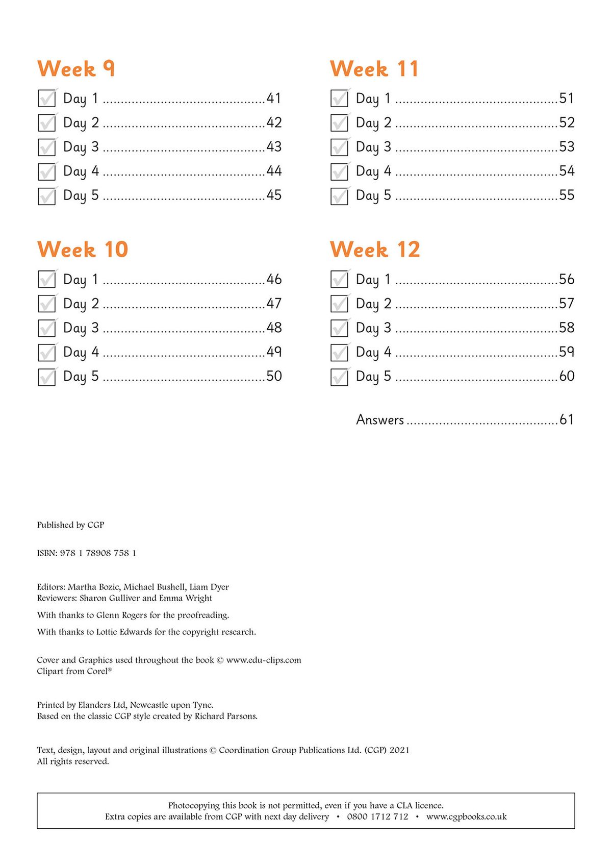 Contents page showing weekly schedule from Week 9 to Week 12 with daily practice activities and page numbers