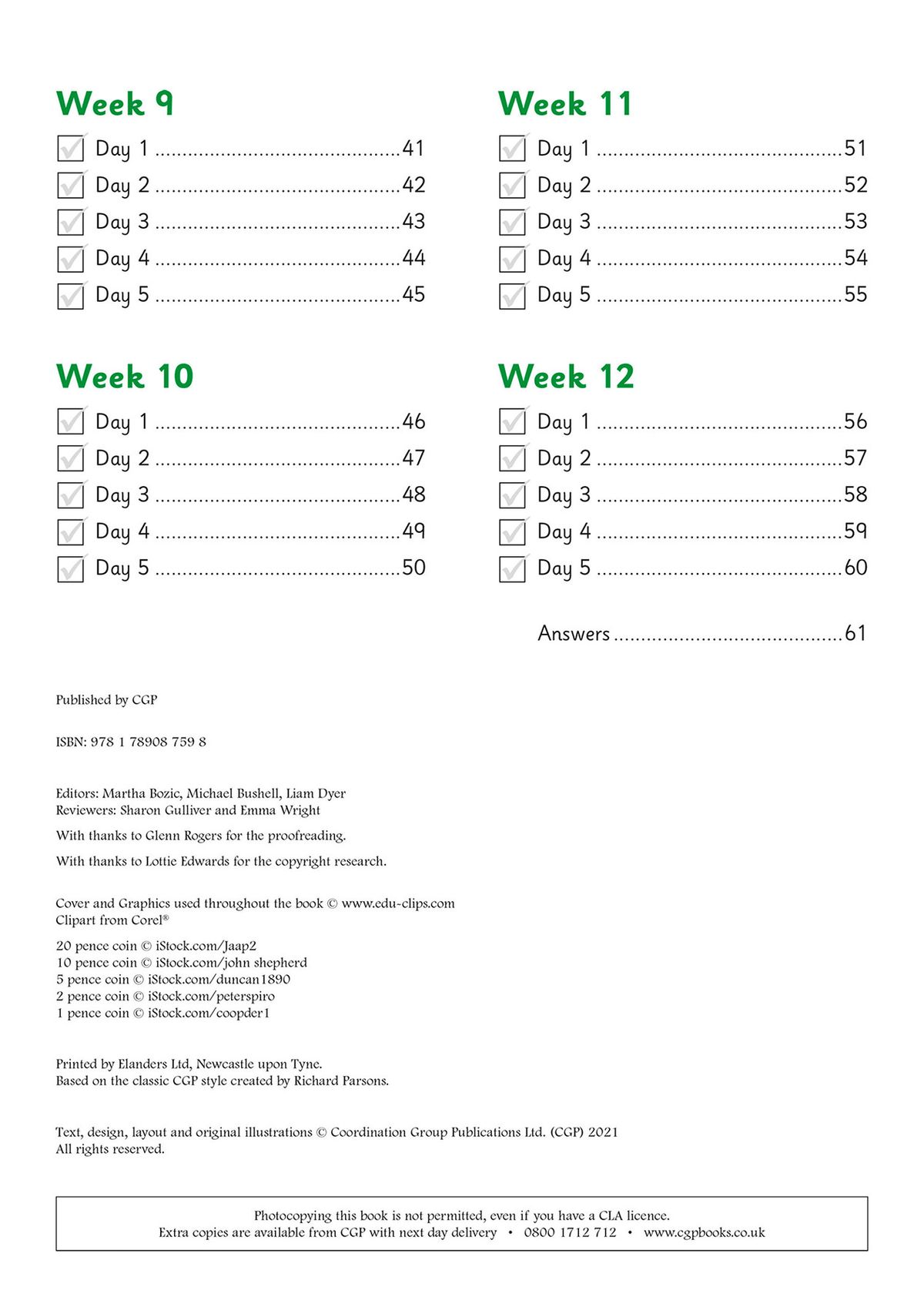Contents page showing weekly structure from Week 9 to Week 12 with daily checkboxes