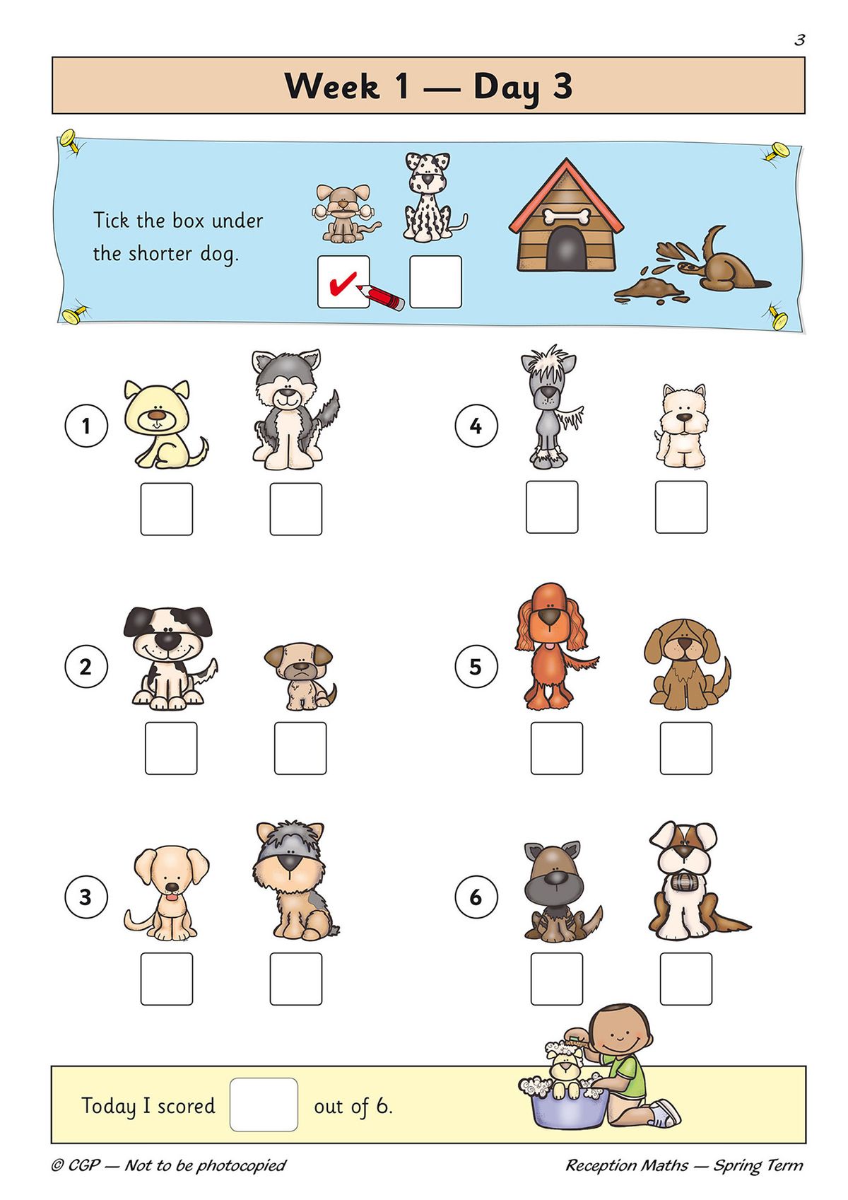 Sample daily practice page showing comparison activities with colourful dog illustrations