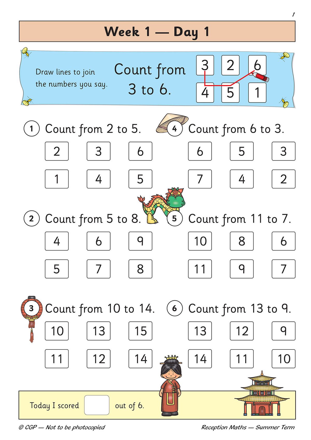 Sample page showing counting exercises with colourful characters and a score tracker