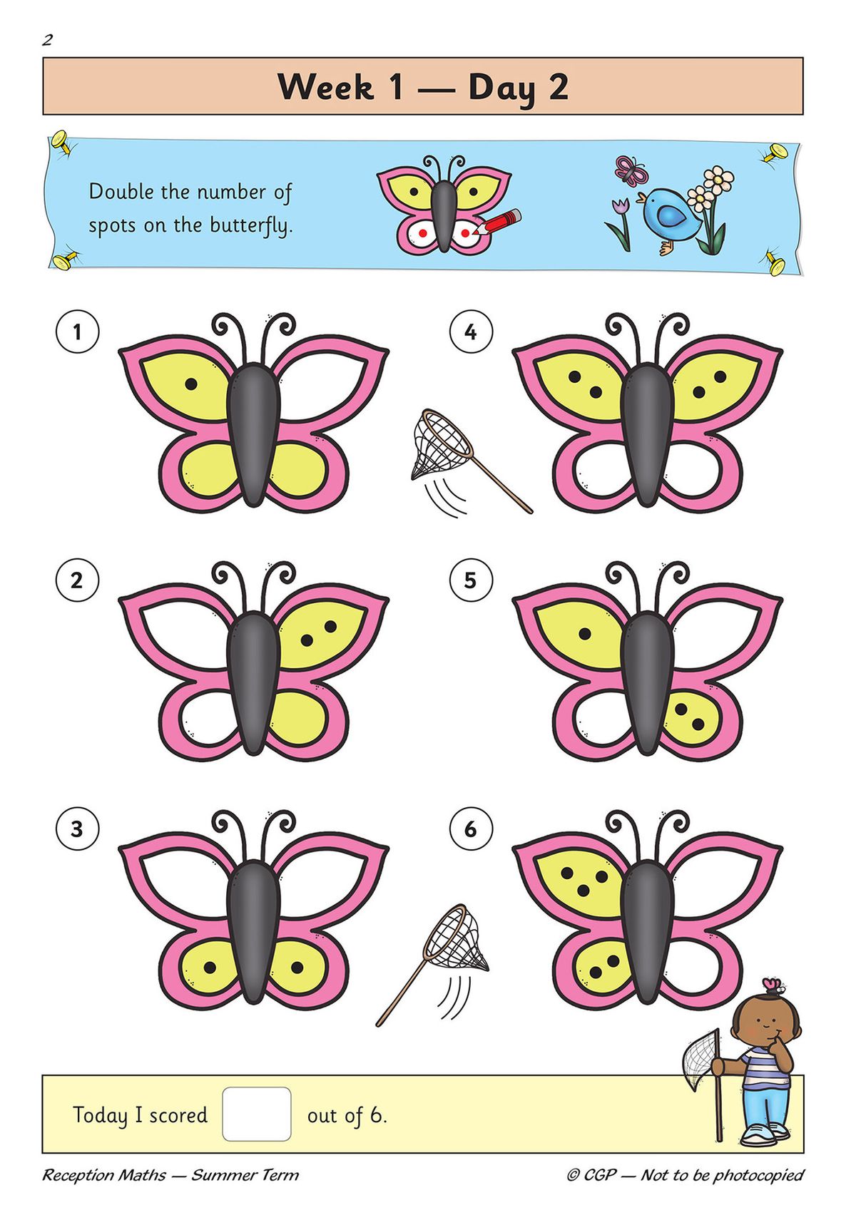 Sample page with butterfly doubling activity and score box