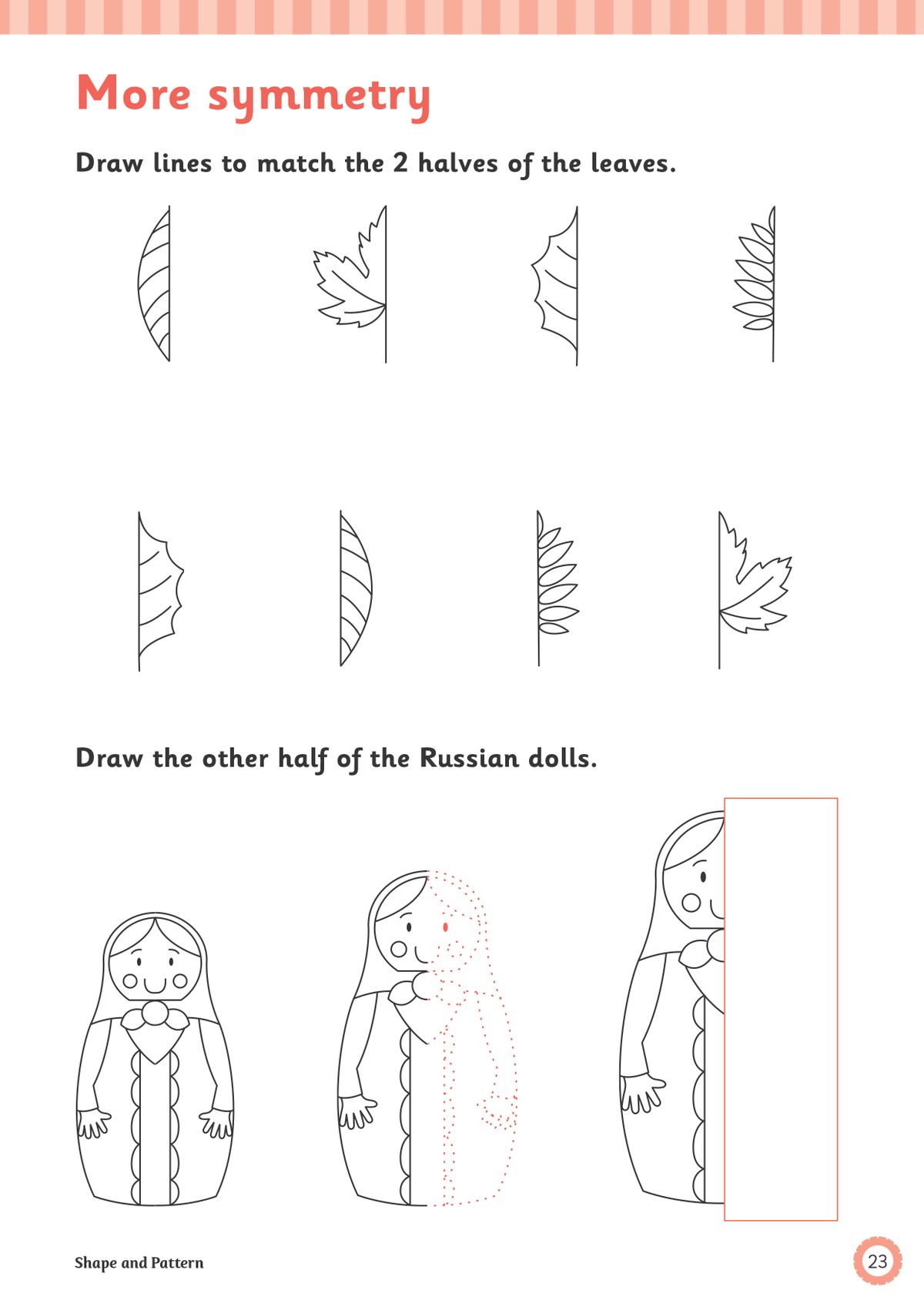 Symmetry exercises with leaves and Russian dolls