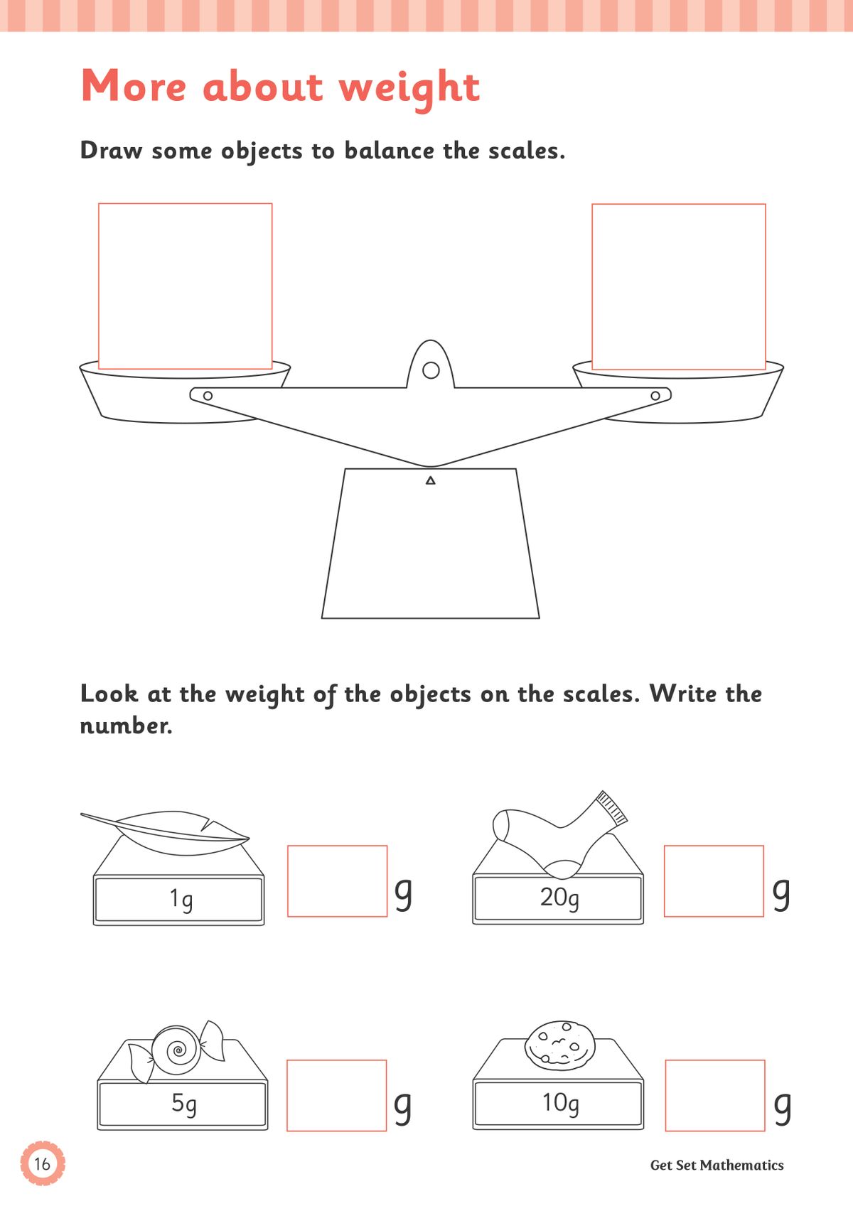 Sample page on weight showing balance scales and objects with gram measurements