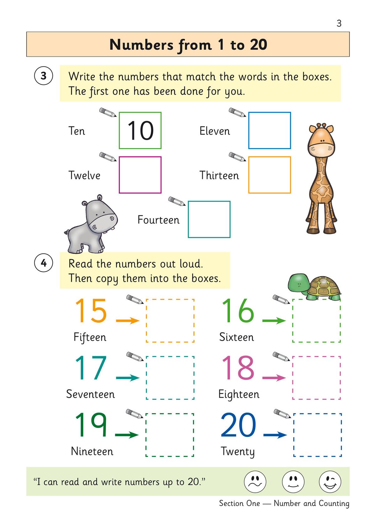Sample page showing number recognition exercises from 1 to 20 with colourful boxes and friendly animal illustrations