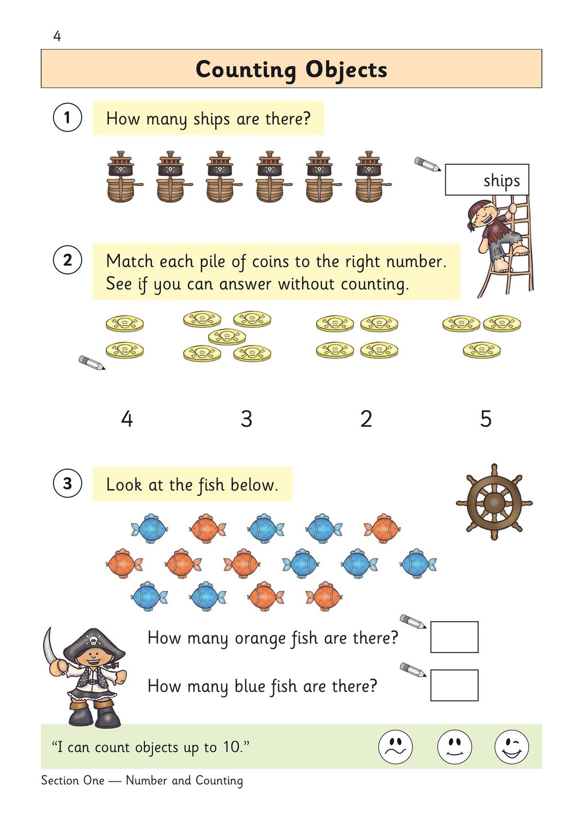 Counting objects page featuring pirate-themed illustrations including ships, coins, and colourful fish
