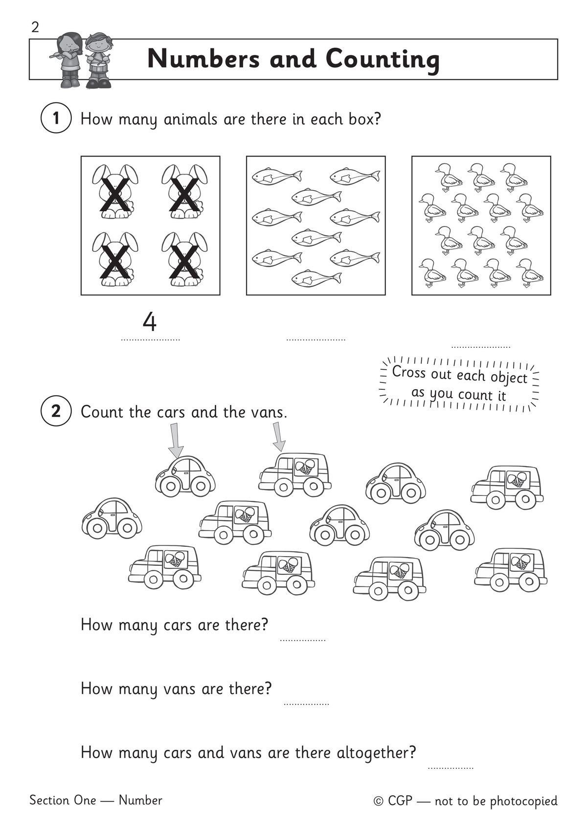 Sample page showing numbers and counting exercises with animals and vehicles