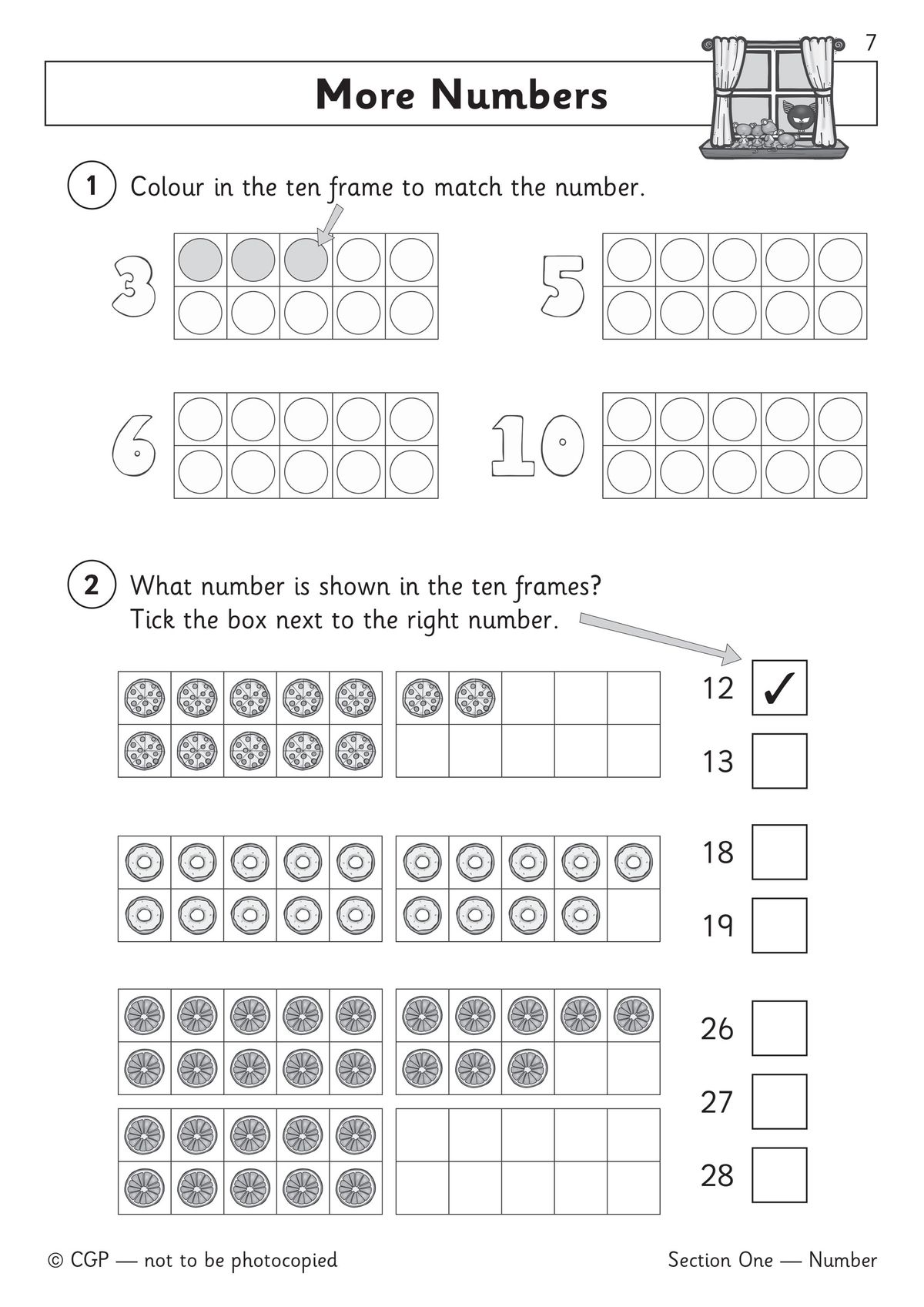 Page demonstrating ten frame exercises with numbers and tick-box questions