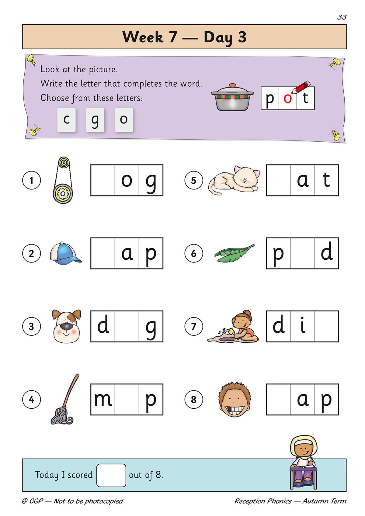 Sample daily phonics activity page showing picture-based letter completion tasks