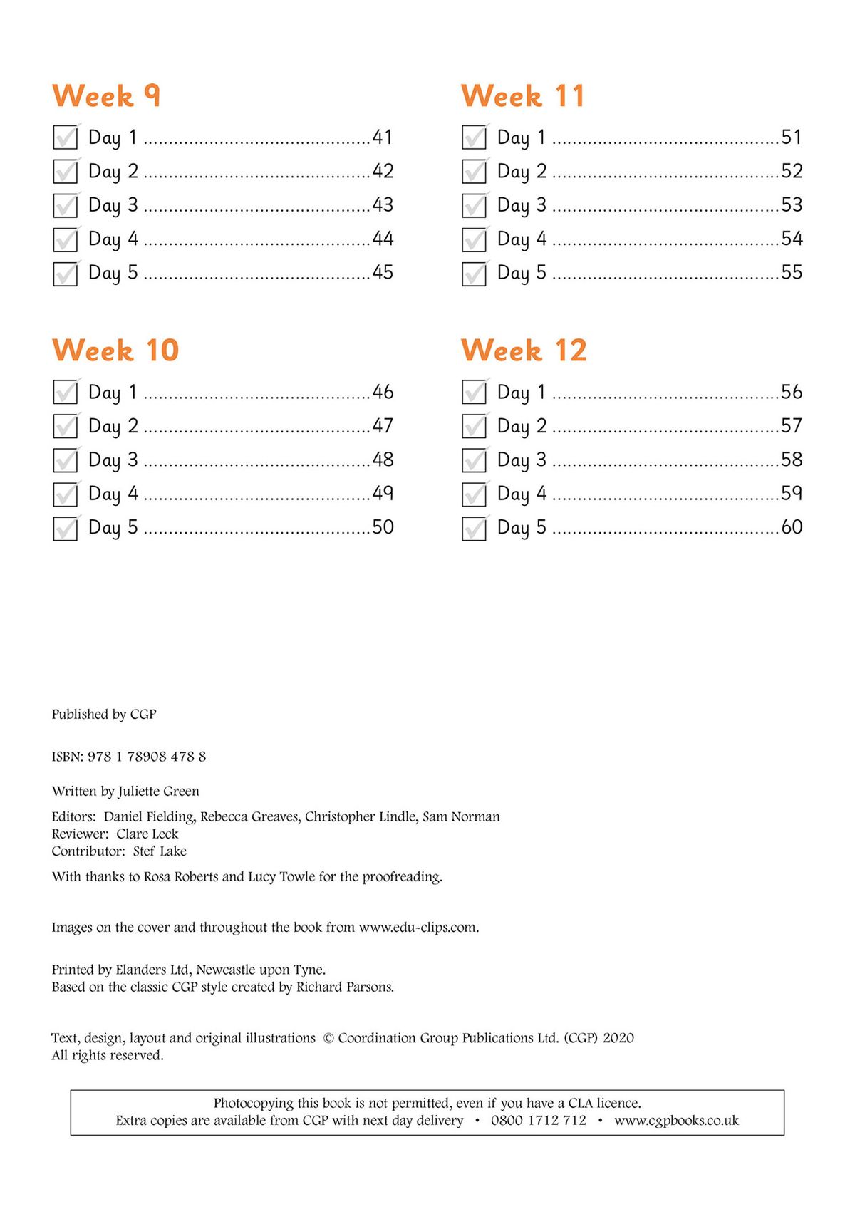 Contents page showing the full 12-week structure with daily checkboxes